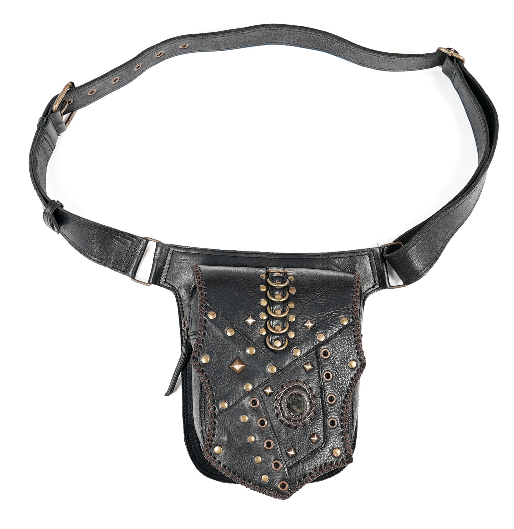 Leather waist belt with strong stitching and detailed stud accents