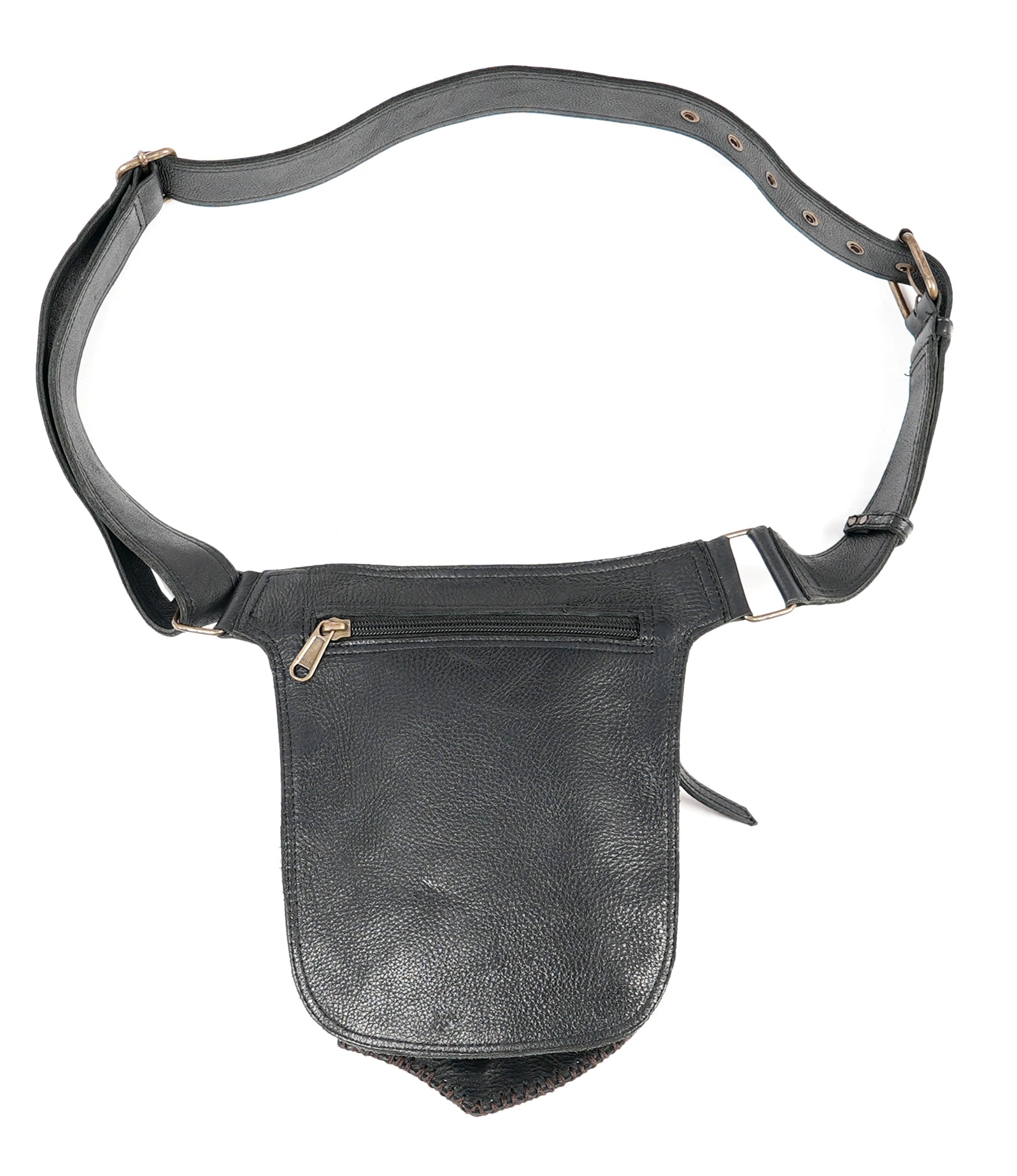 Unisex leather waist belt with front pouch and adjustable strap