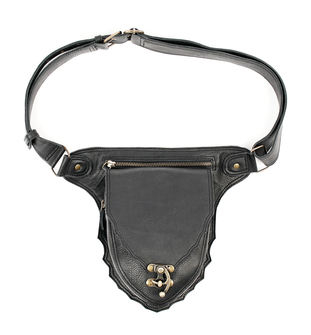 Adjustable black leather waist belt with pouch
