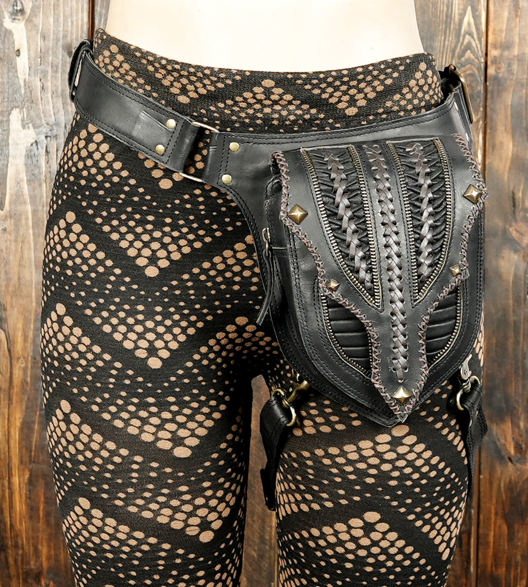 Steampunk black leather belt bag with handcrafted detailing