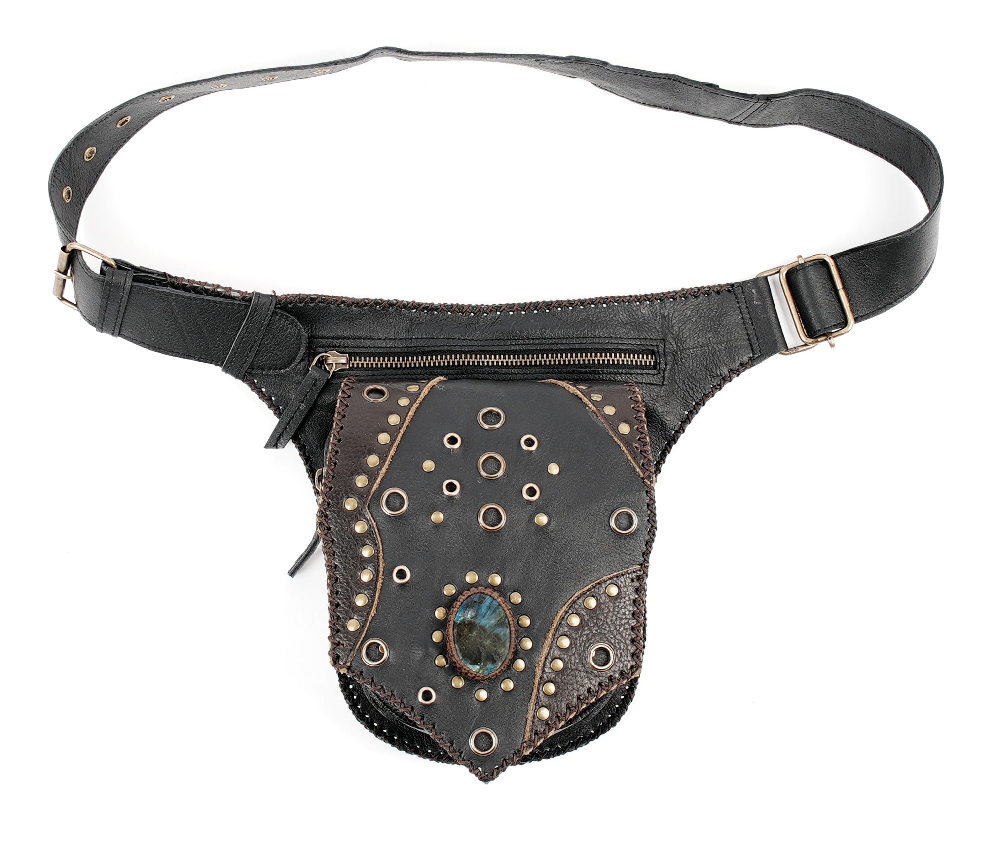 Hand stitched leather waist belt with metal studs and zipper