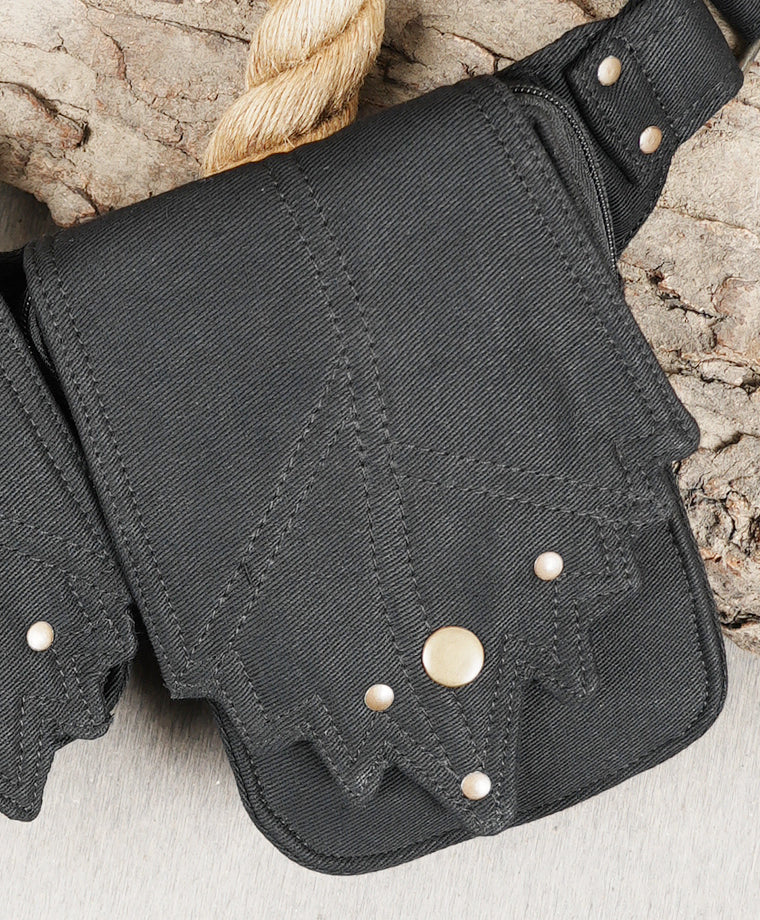 Durable black cotton waist belt bag with secure zippered and snap-close pouches.