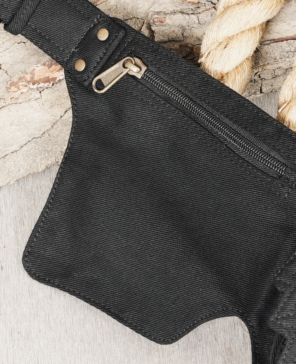 Travel money belt and passport holder with 4 discrete pouches, black cotton canvas.