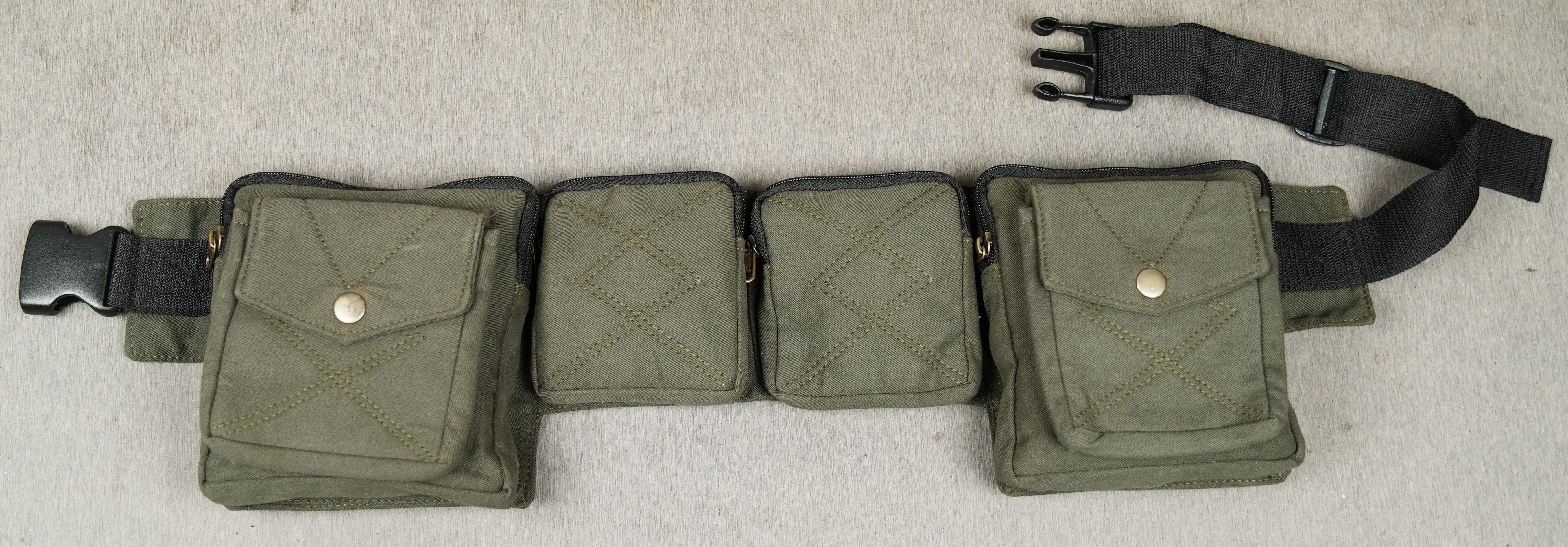 Compact black utility pouch belt with front snap pockets and zipper sections