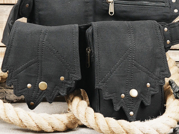 Hands-free waist bag with 4 multi-compartment pouches on a durable cotton belt.