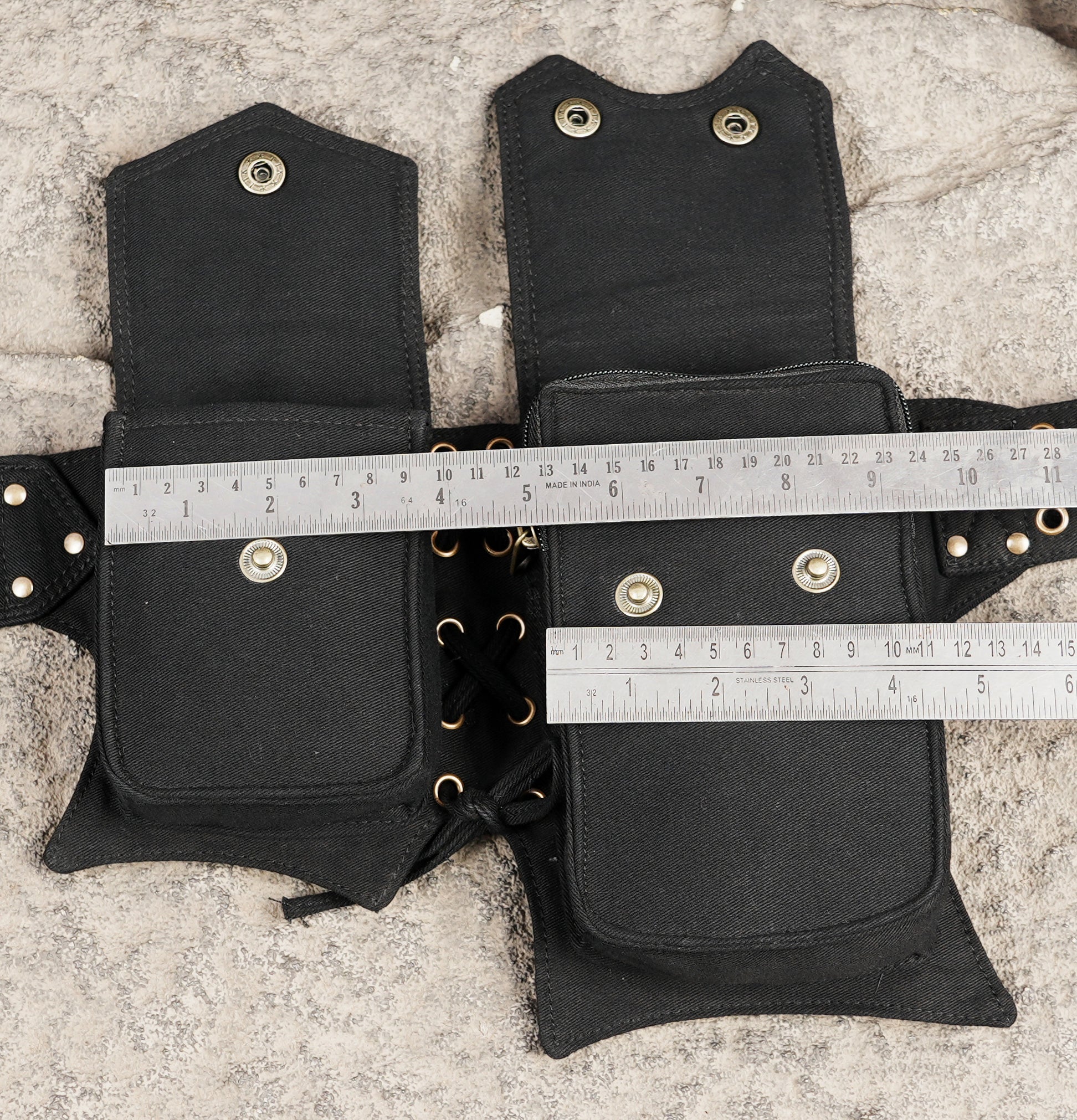 cosplay utility belt featuring multiple attached pouches and antique brass-tone hardware