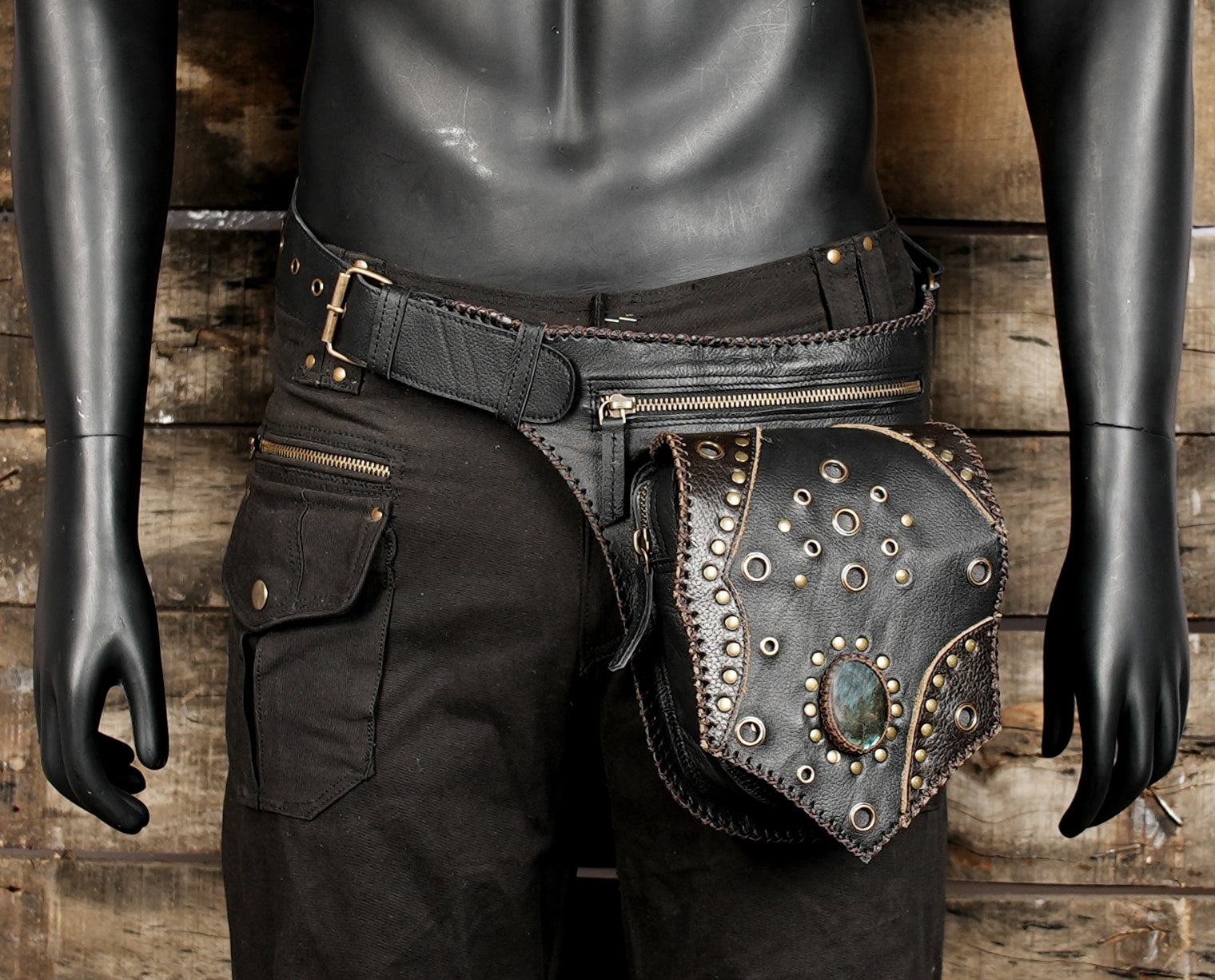 Leather waist bag with natural stone accent and adjustable fit