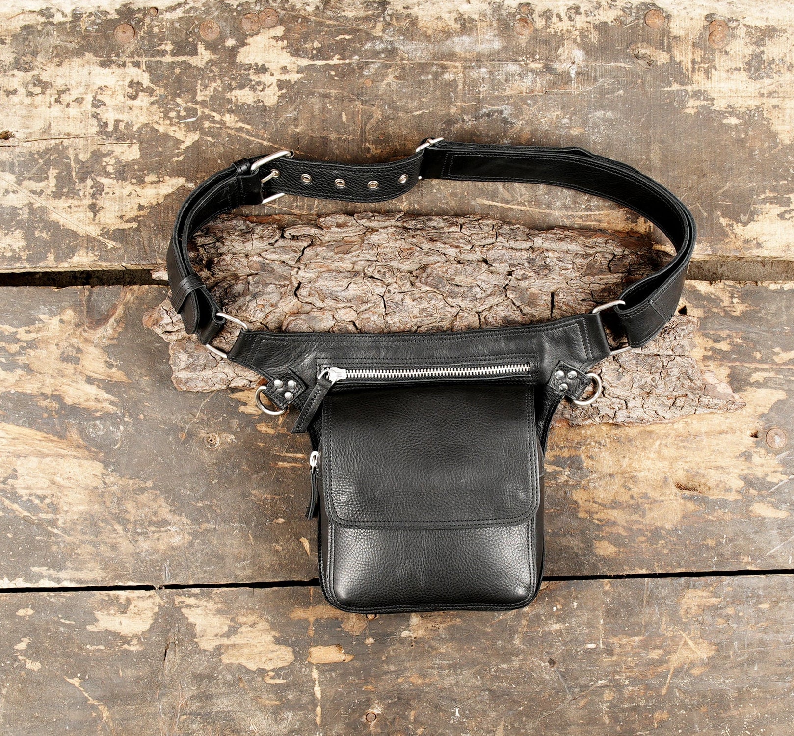 Black leather waist belt with front zipper pouch