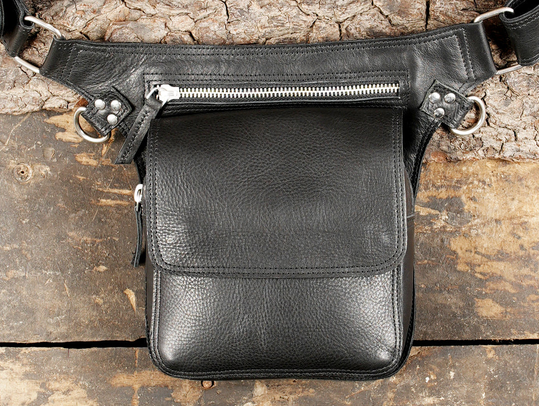 Genuine black leather utility waist belt pouch