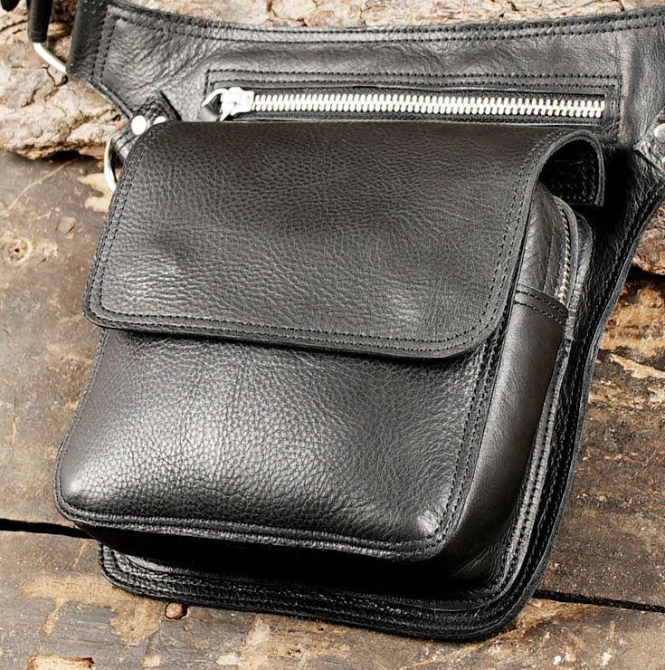 Handcrafted leather hip belt with front storage pouch