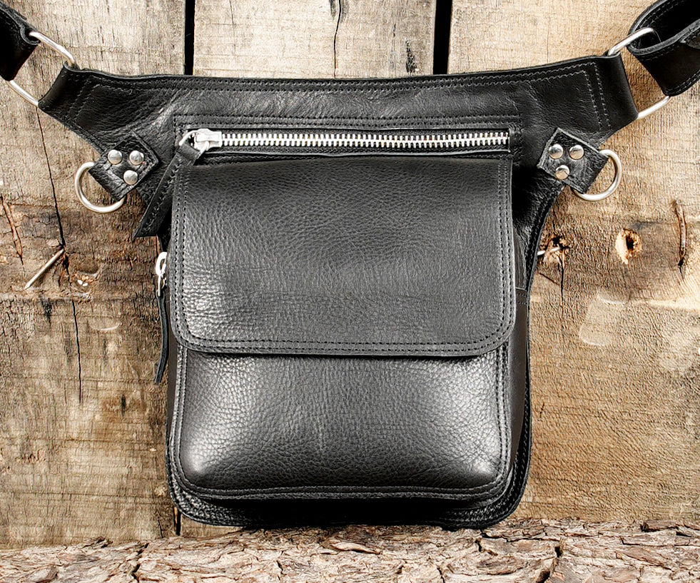 Minimal black leather waist belt with utility pouch