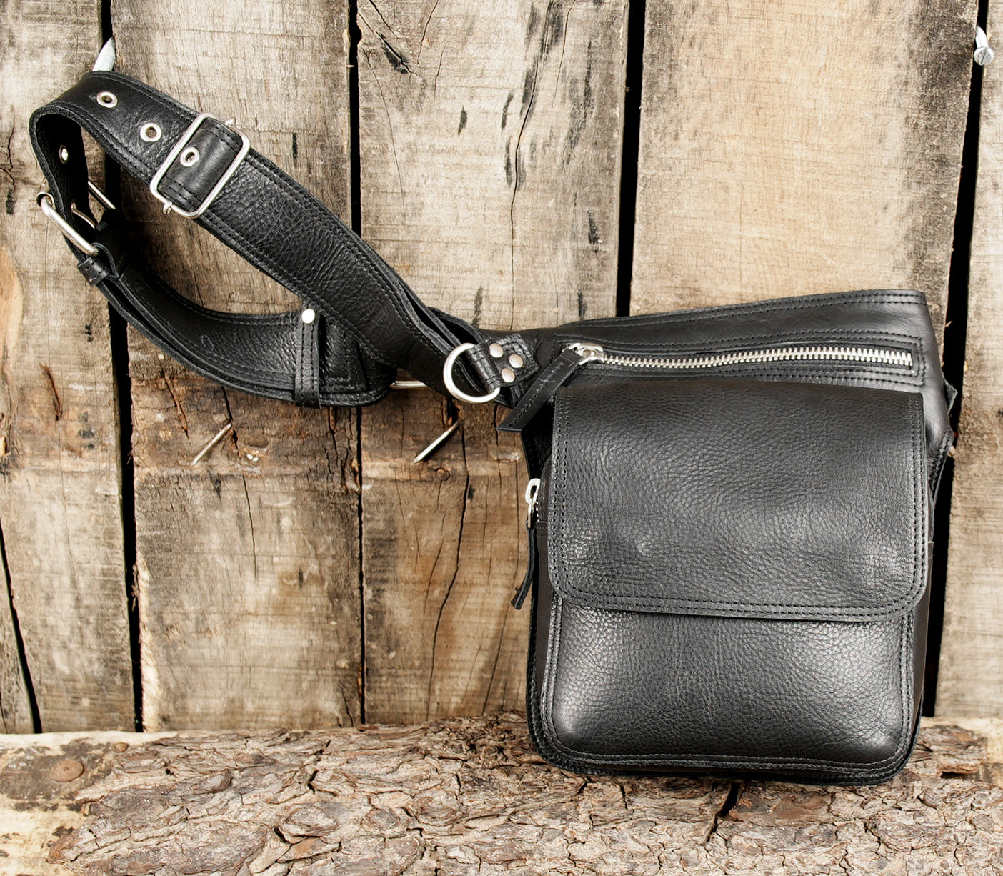 Leather waist belt with compact front pocket