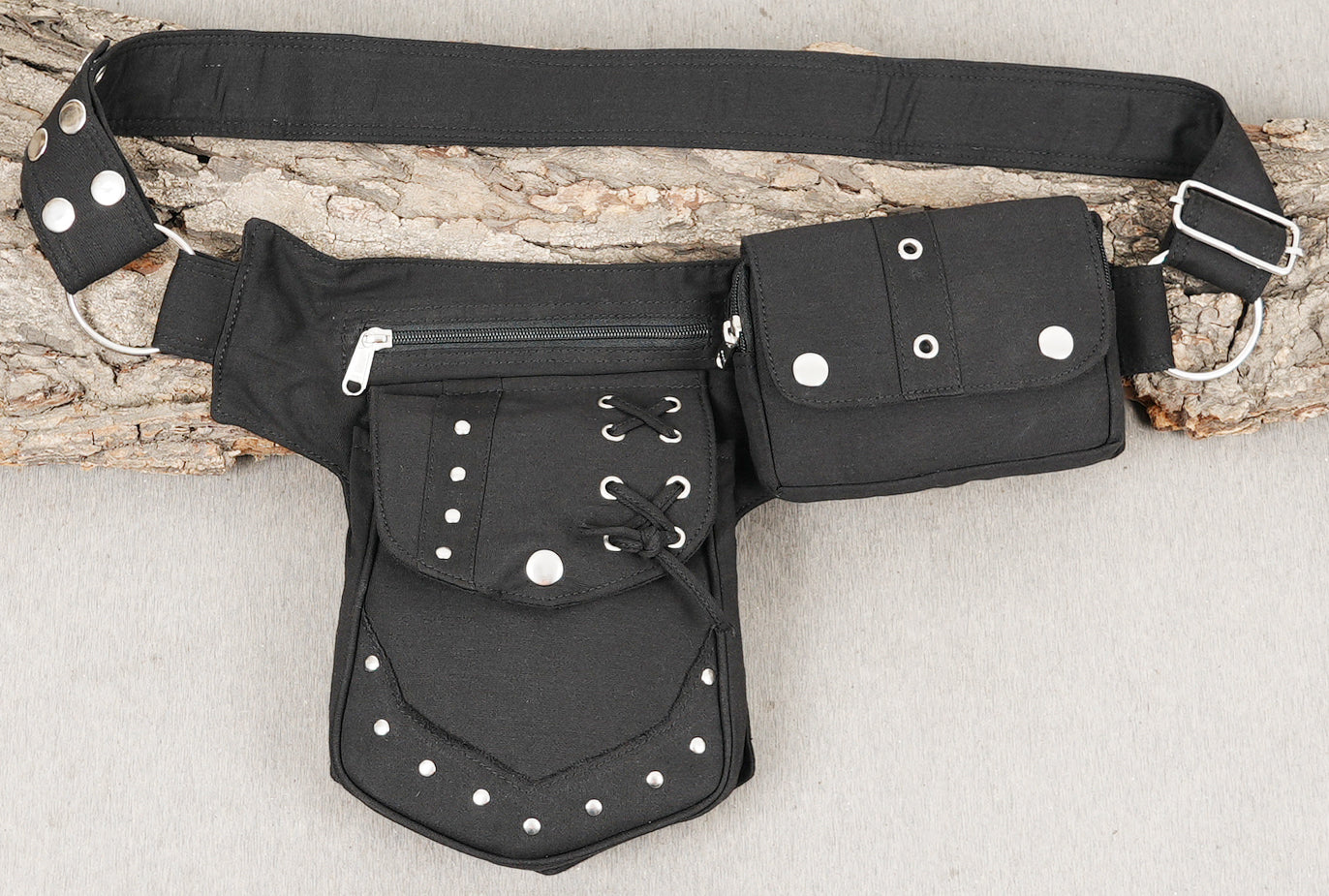 Gothic-inspired utility bumbag fanny pack in strong cotton with silver accents.