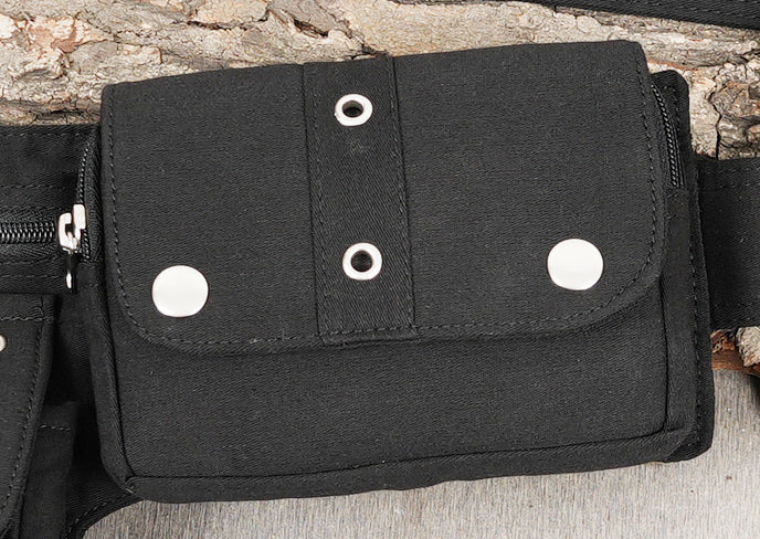 Canvas waist pack featuring twin secure pockets, a key ring, and adjustable strap.