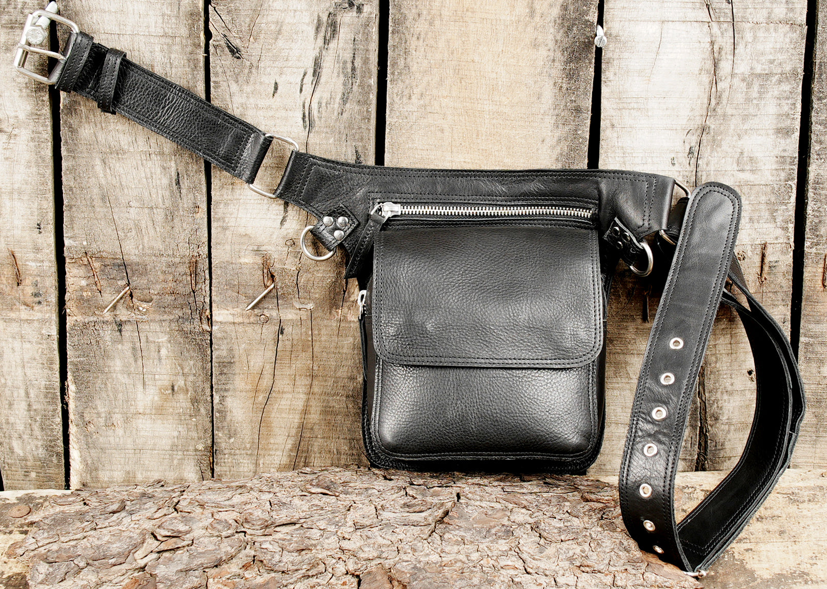 Unisex leather waist belt bag with adjustable buckle