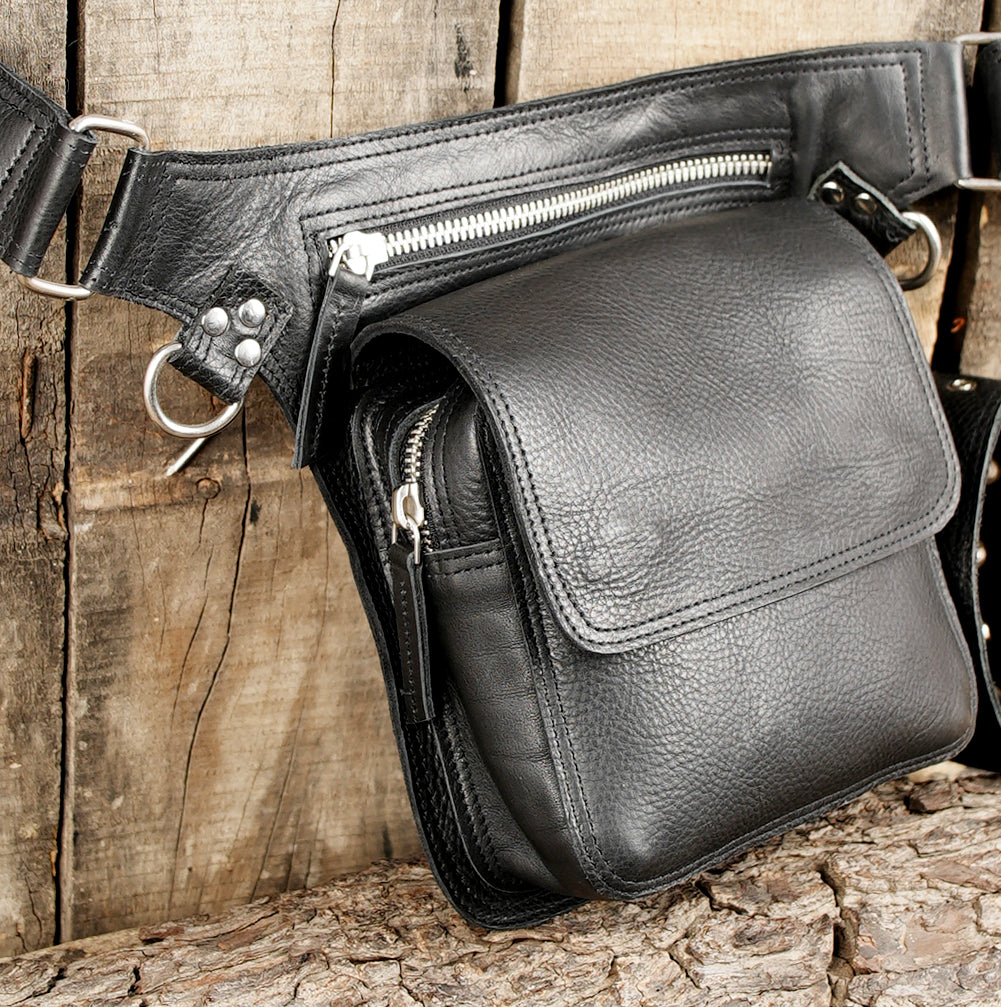 Leather waist belt with secure zipper and flap pocket