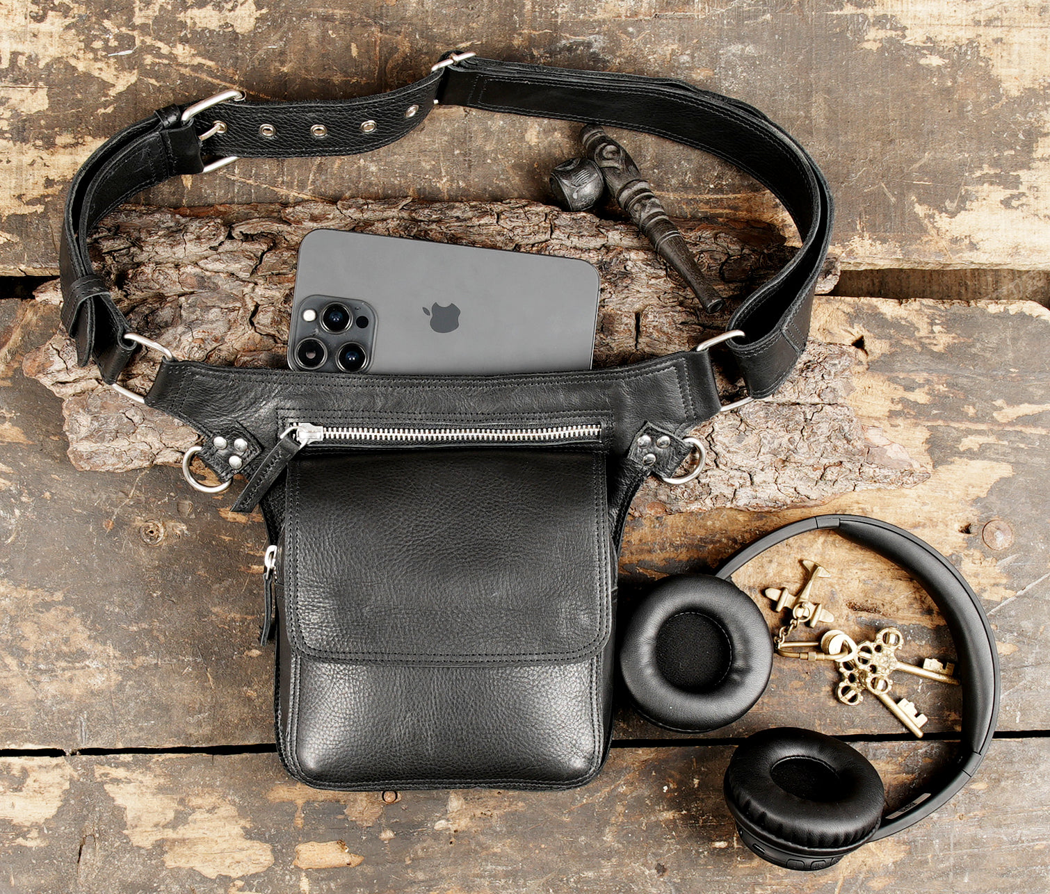 Handmade black leather waist pouch belt