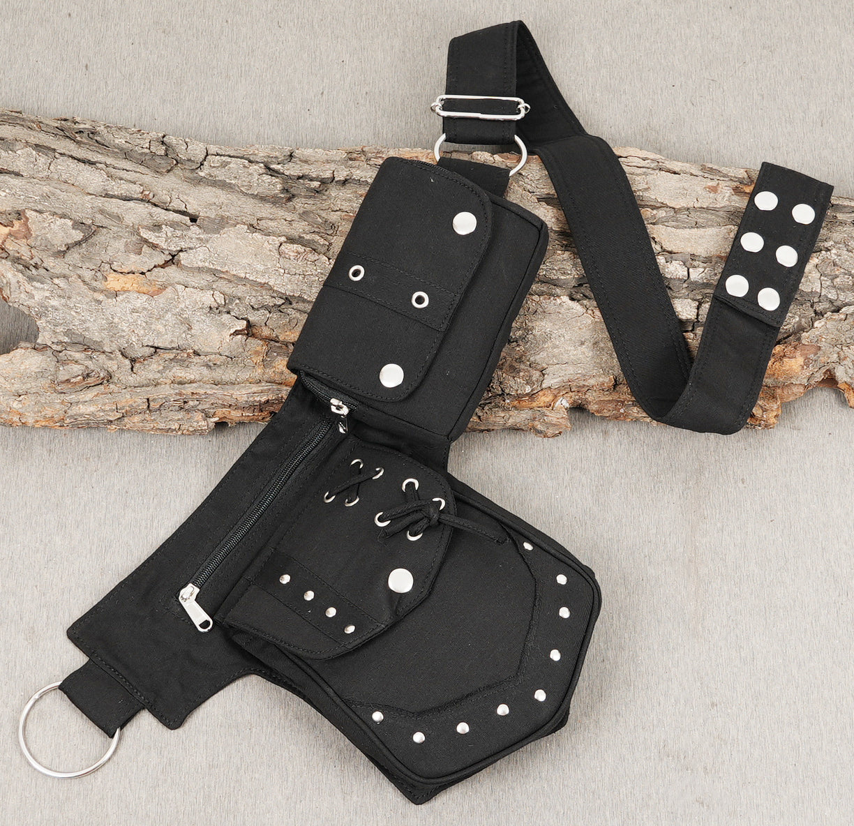 Compact yet roomy utility fanny pack bumbag with alternative fashion details.