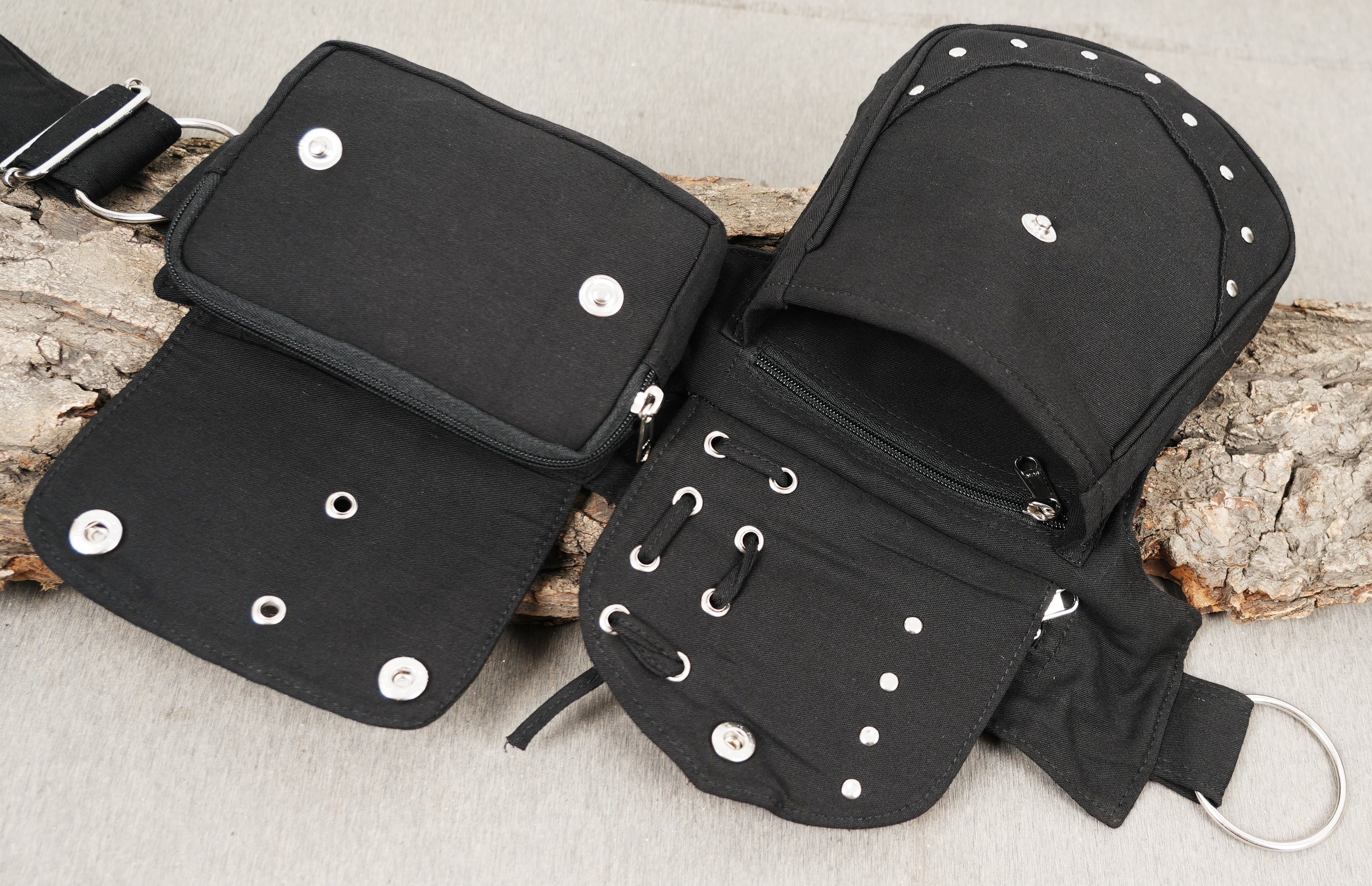Functional and stylish bumbag hip pack, detailed with metal rivets and lacing.