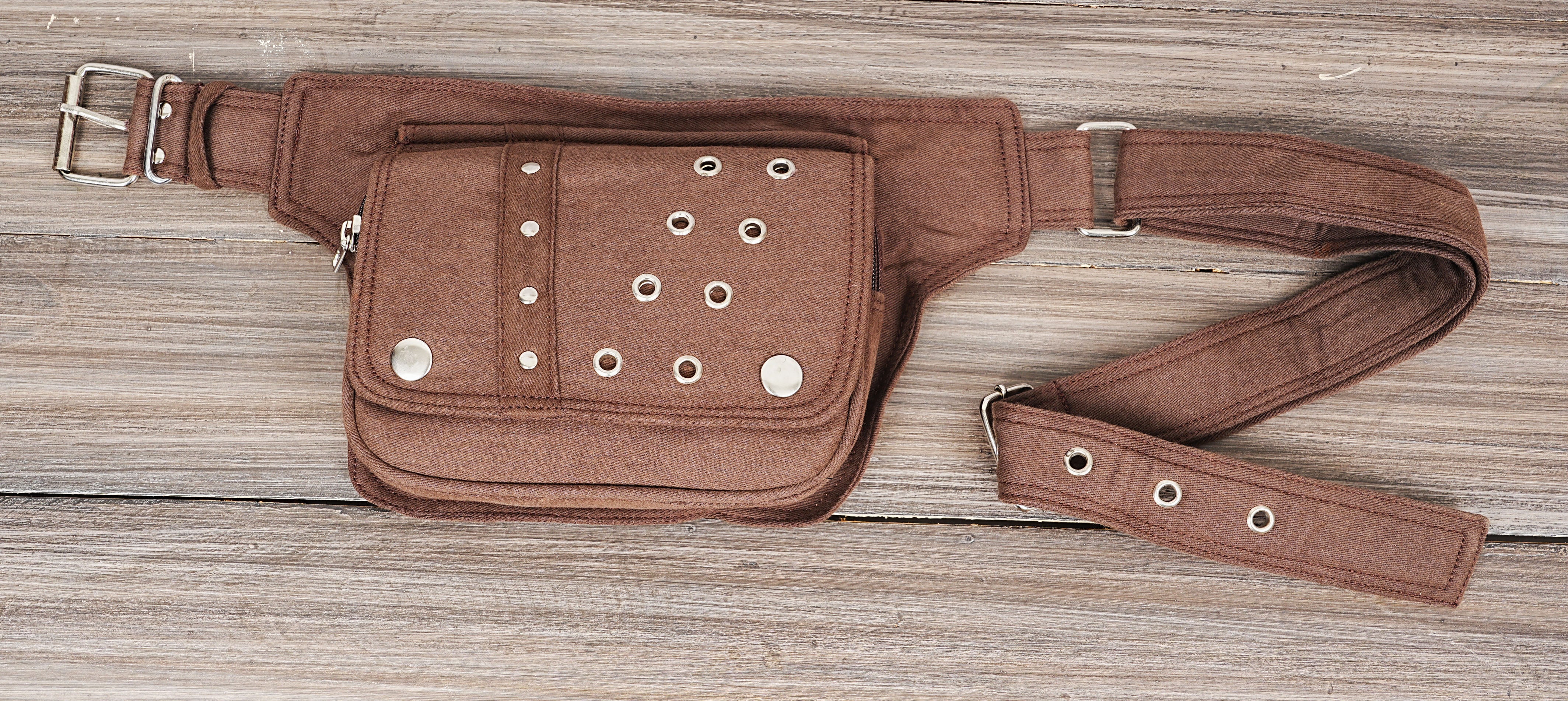 Chic brown bumbag with metal eyelet and stud details.