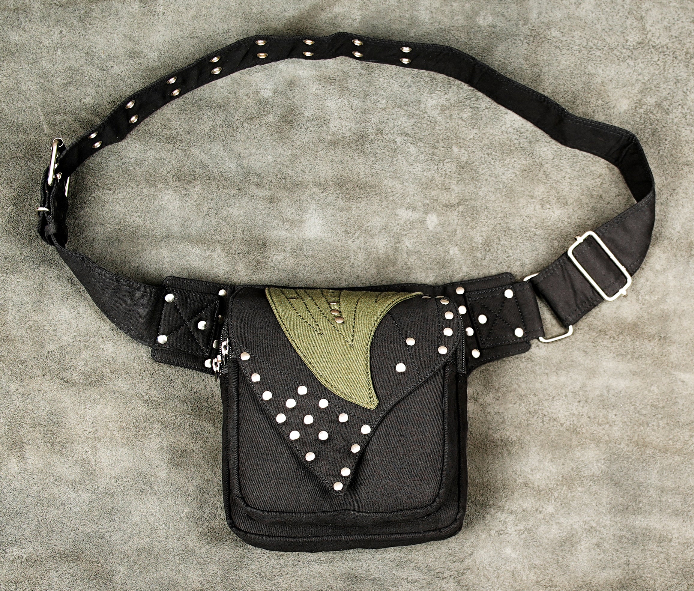 Black cotton utility bag with rivet decorated flap