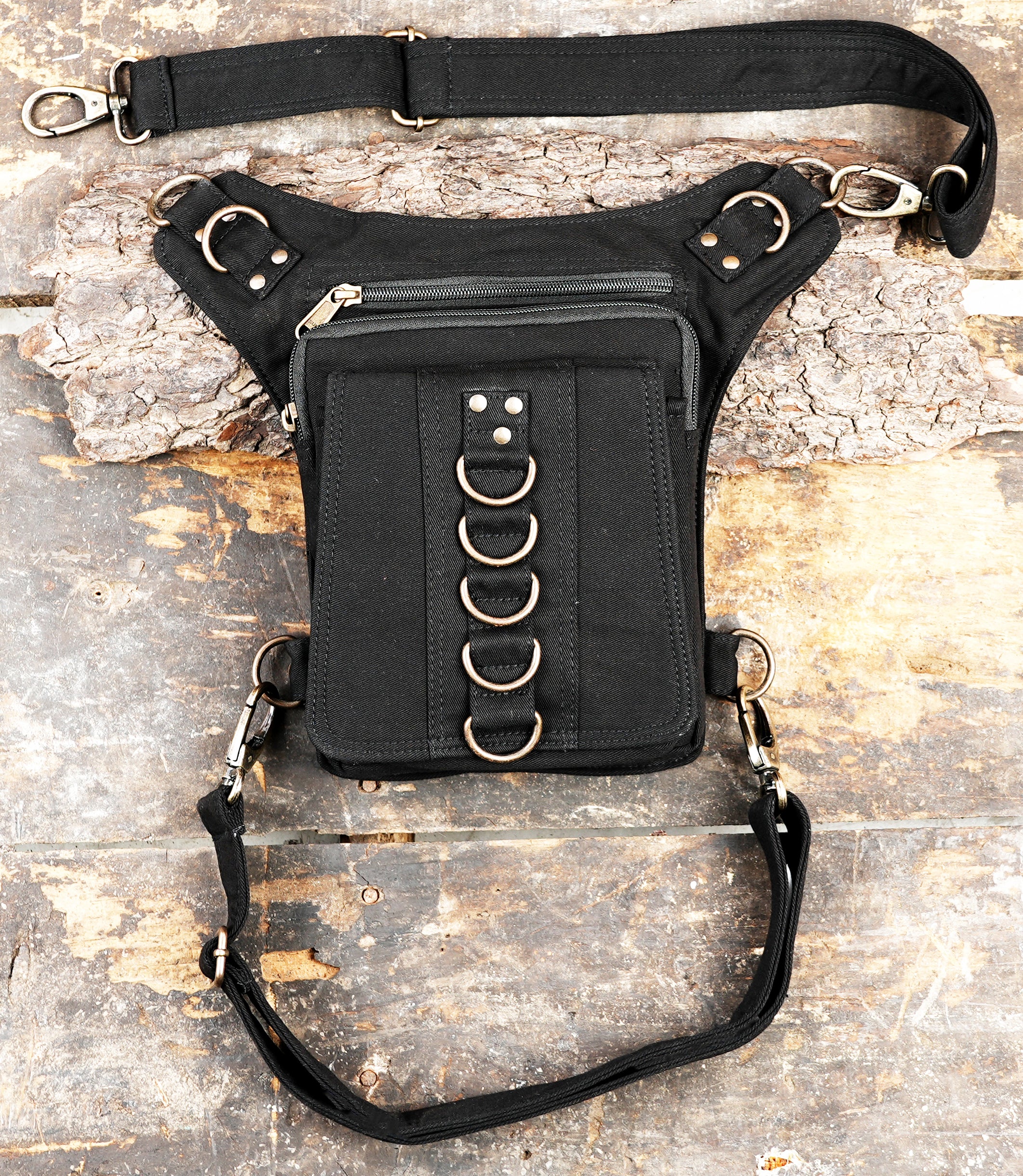 Detachable strap drop leg bag in black canvas