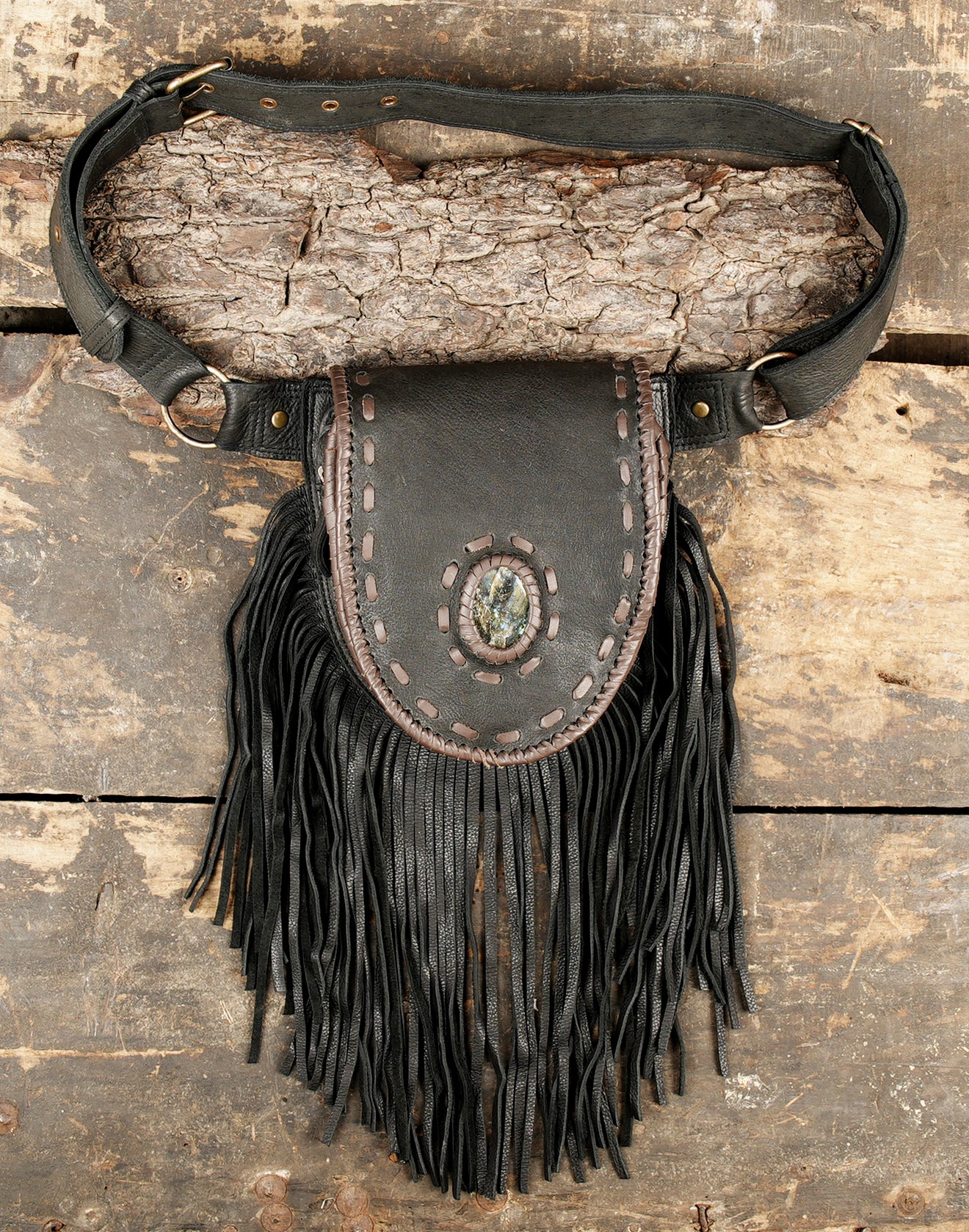 Handcrafted Leather Fringe Waist Belt with Labradorite Stone || Handmade Leather Waist Belt with Fringe Boho Utility Belt (LT-AB-WB-6074)