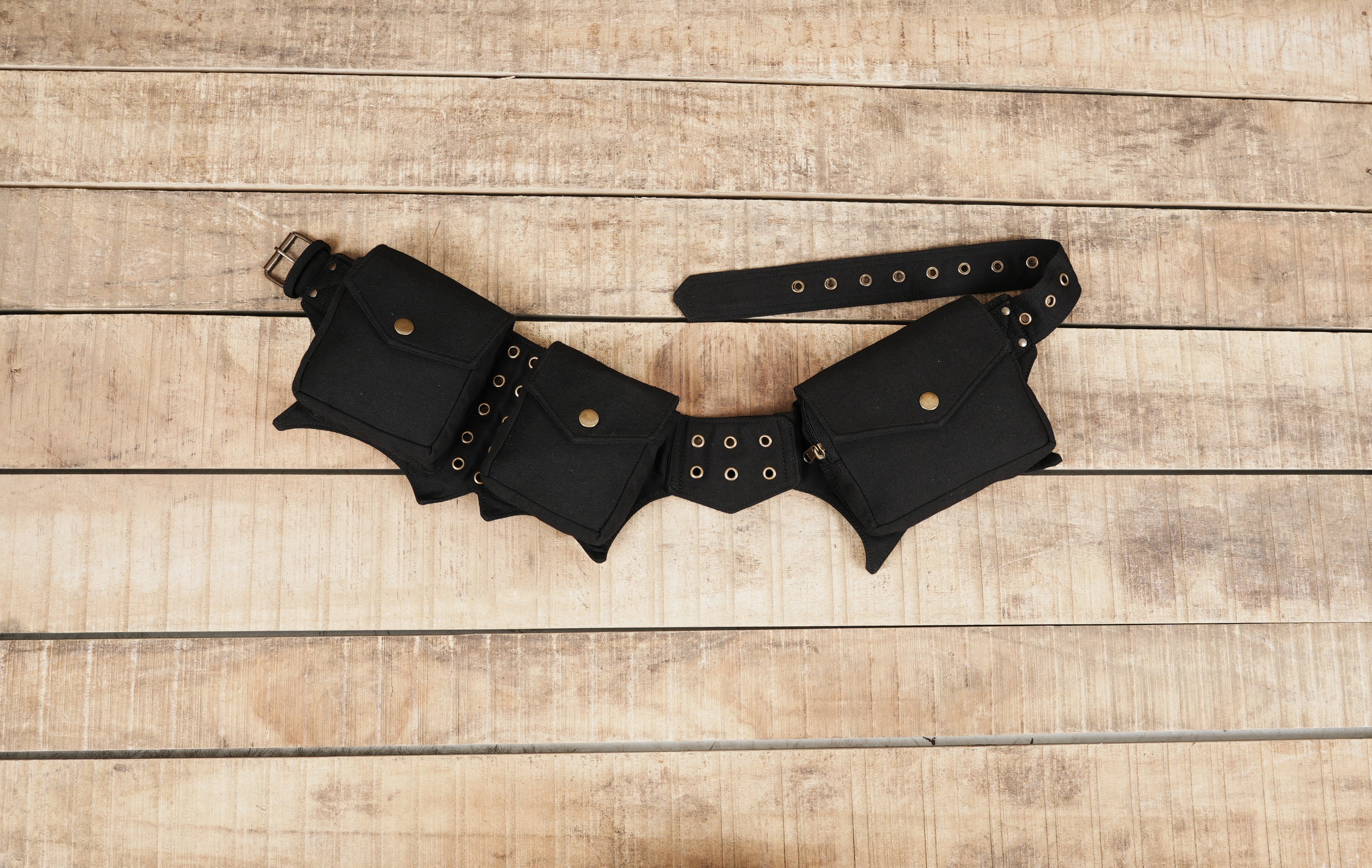 Black cotton utility waist belt with multiple pouches