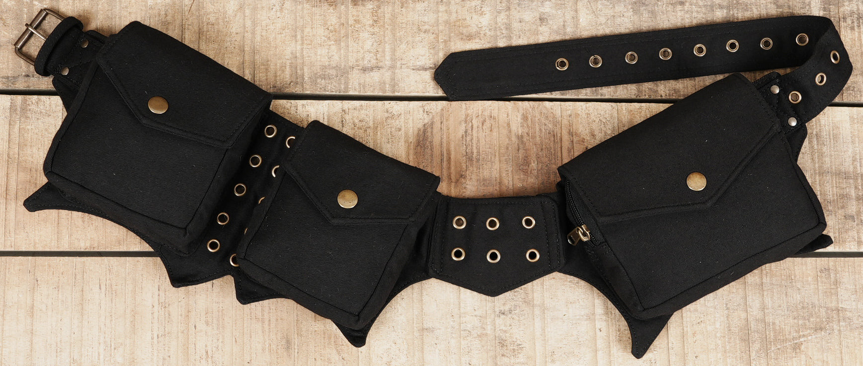 Black cotton waist belt with attached pocket pouches