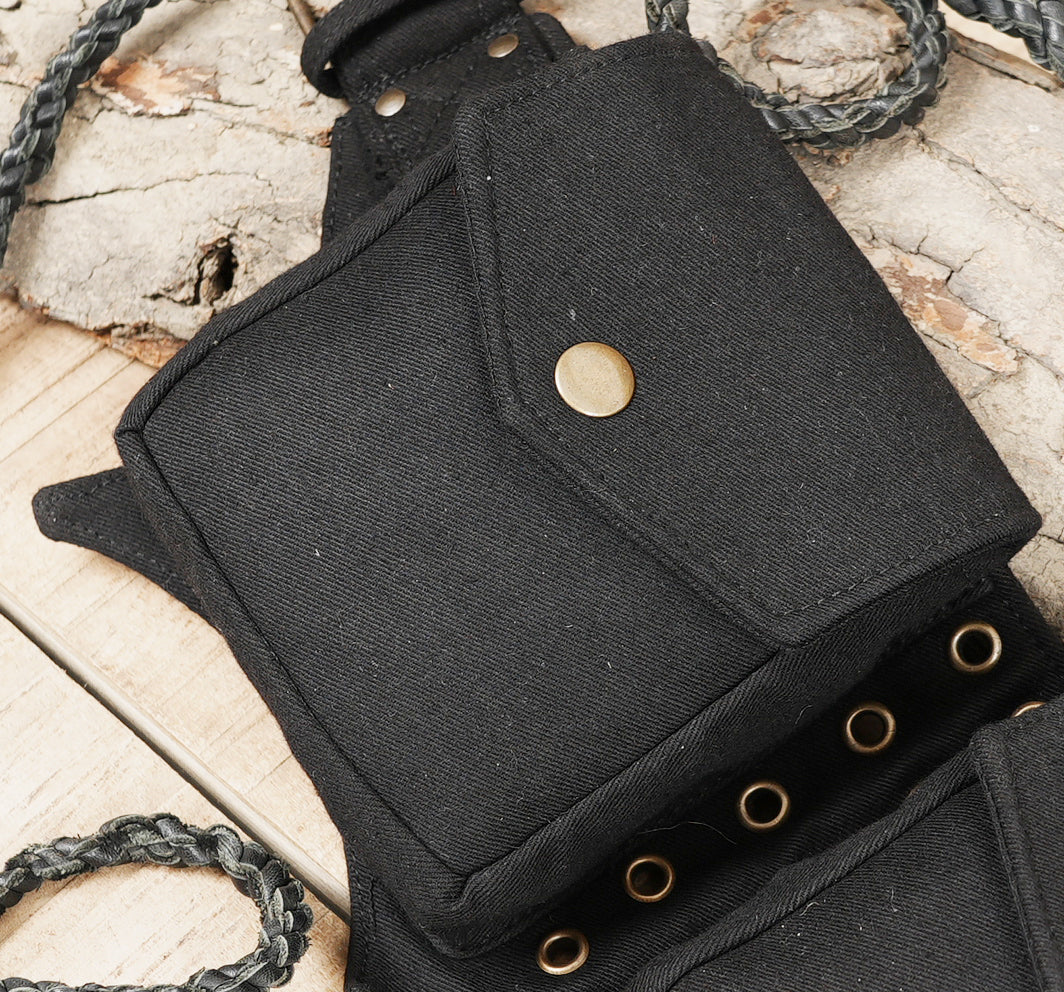 Black hip belt pouch with antique brass hardware