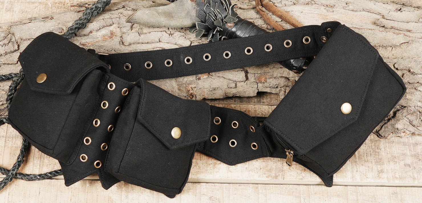 Black festival belt with practical utility pouches