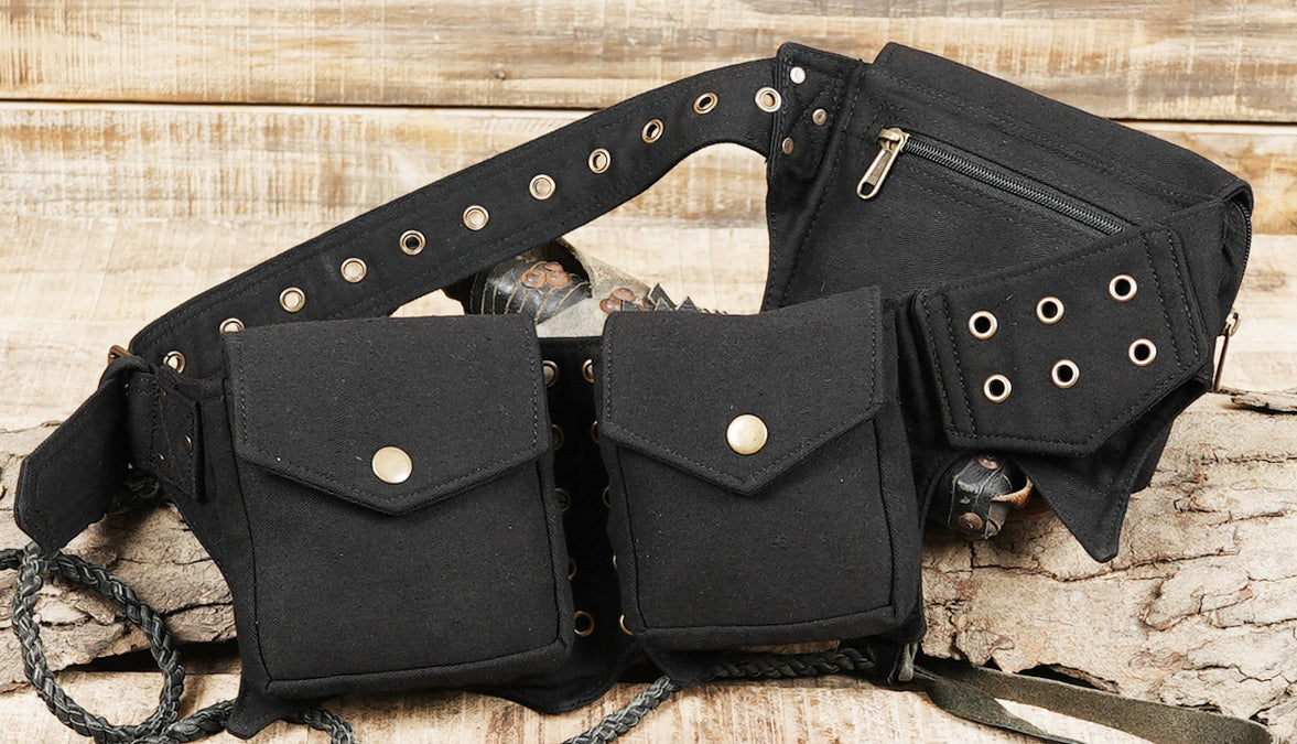 Black utility waist bag with multiple compartments