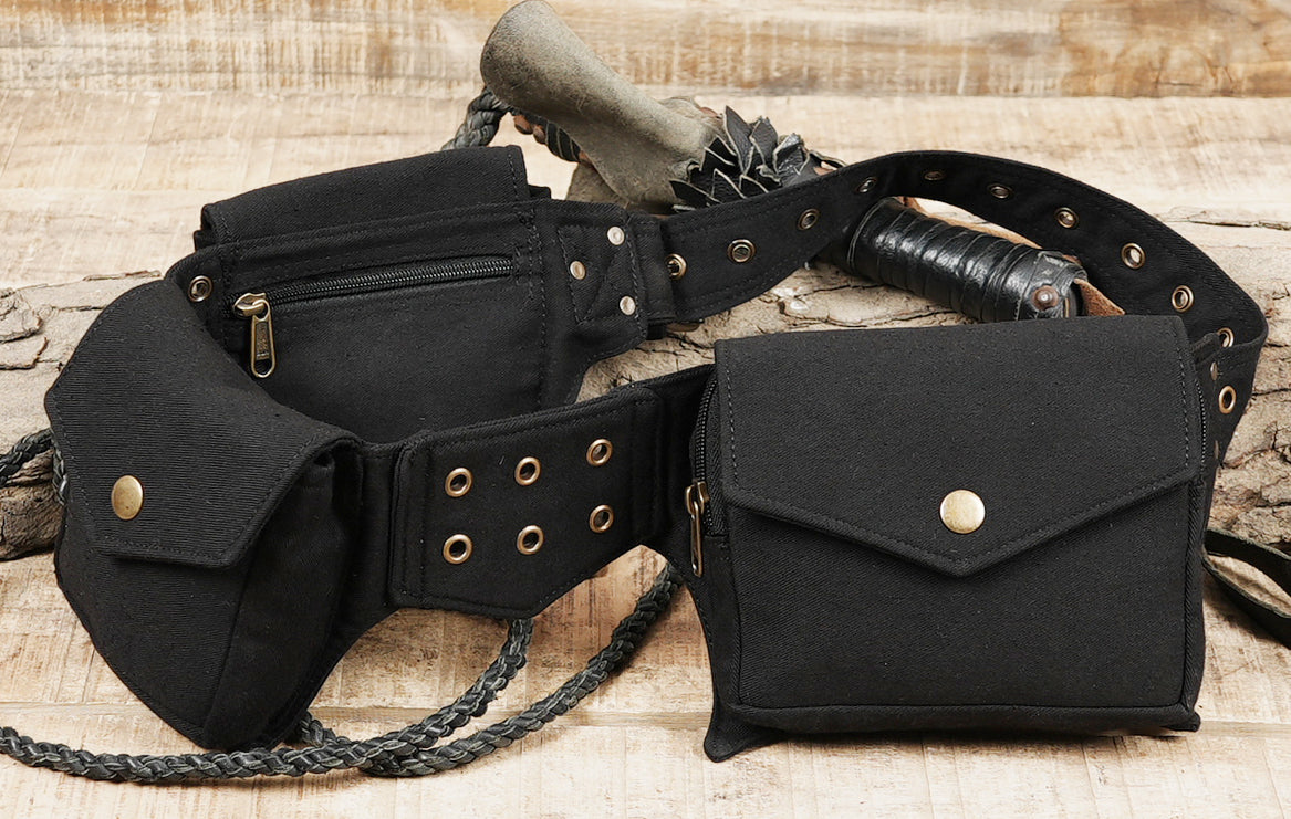 Cotton waist pouch belt with brass-tone metal details