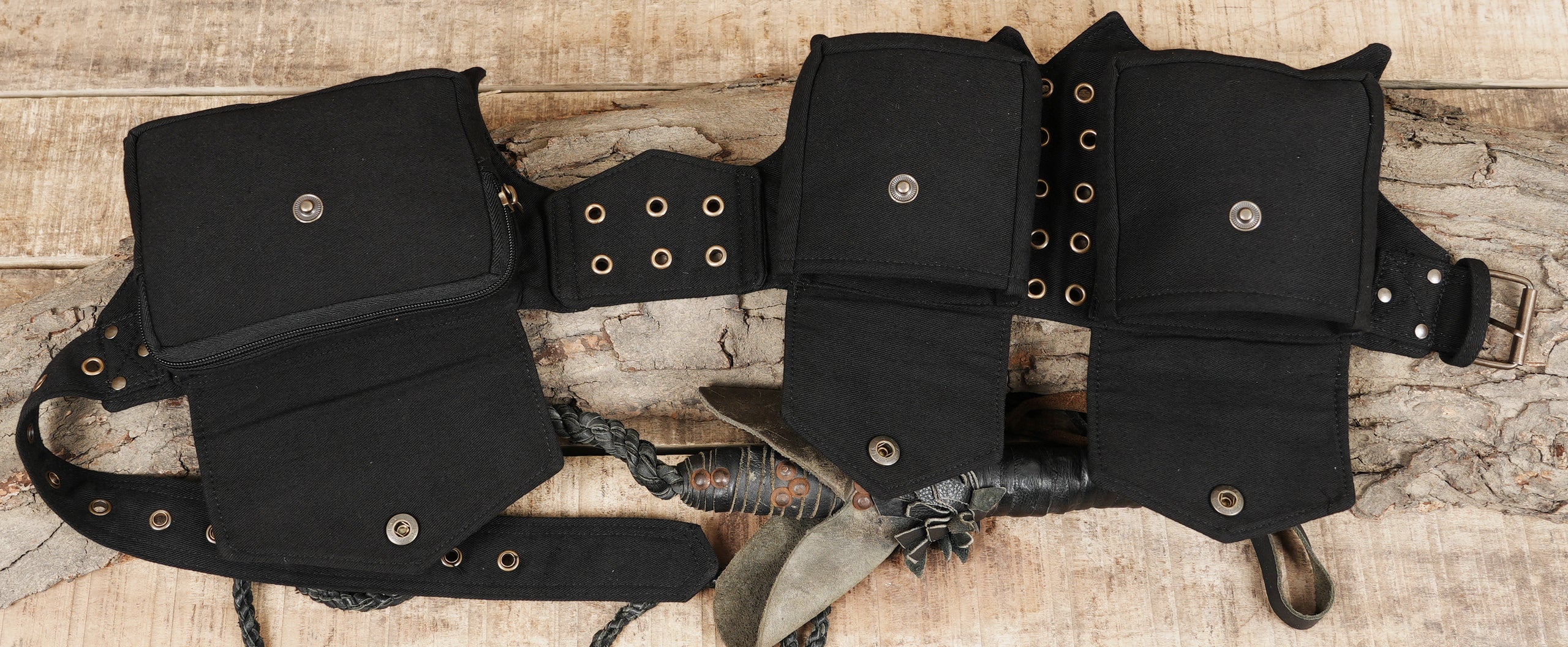 Black cotton belt bag with attached storage pouches