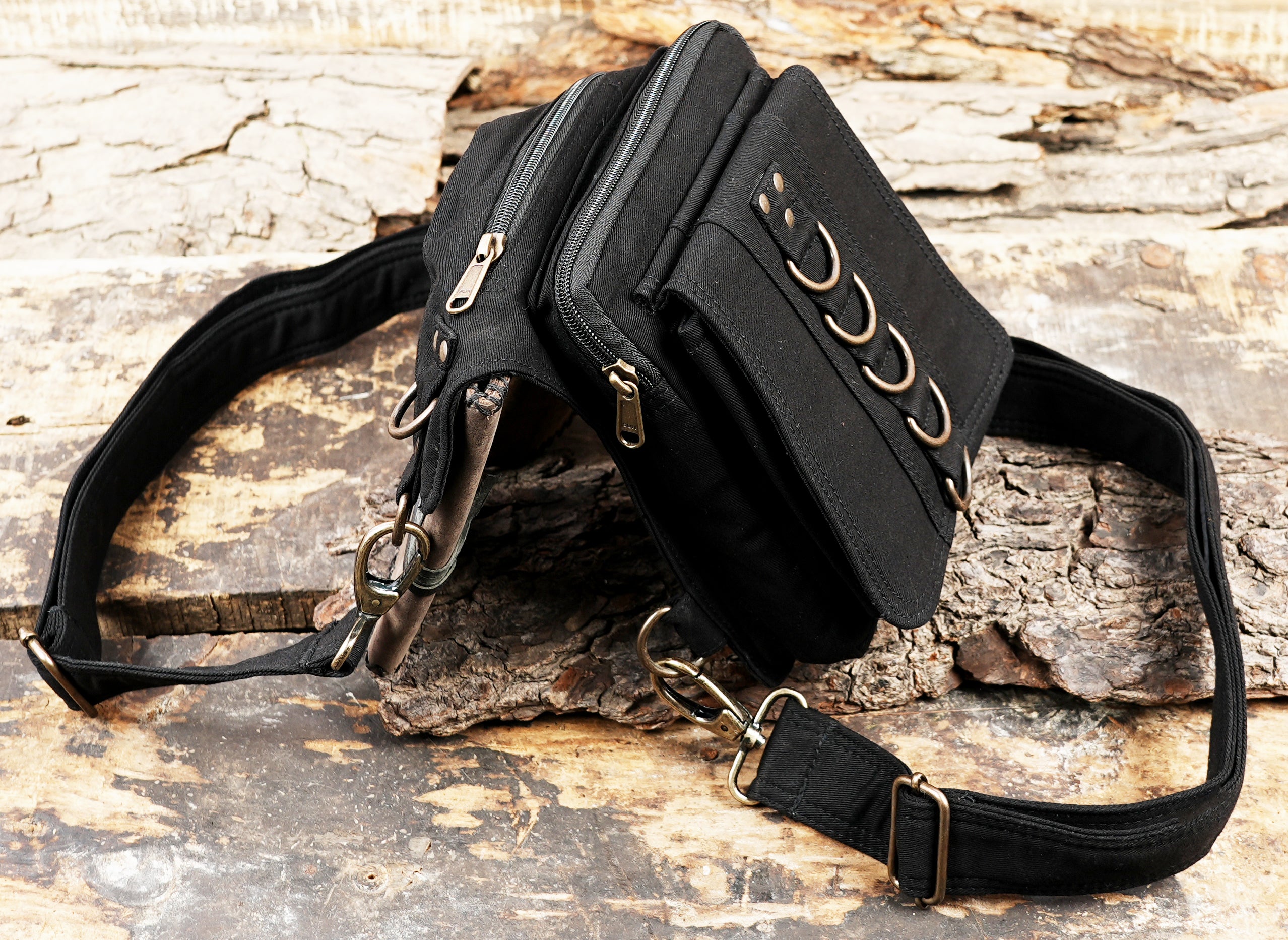 Steampunk gothic waist bag with metal D-ring trim