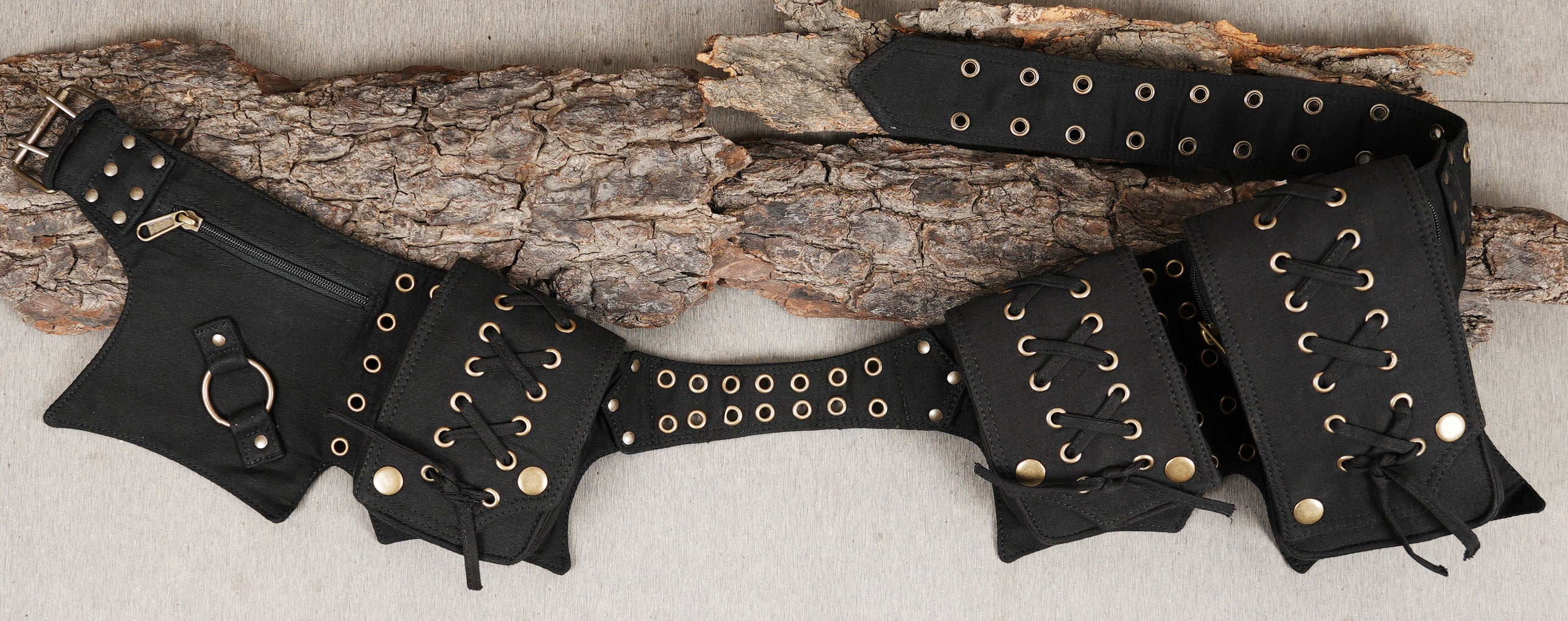 Black lace-up utility belt with grommets and zippered pockets