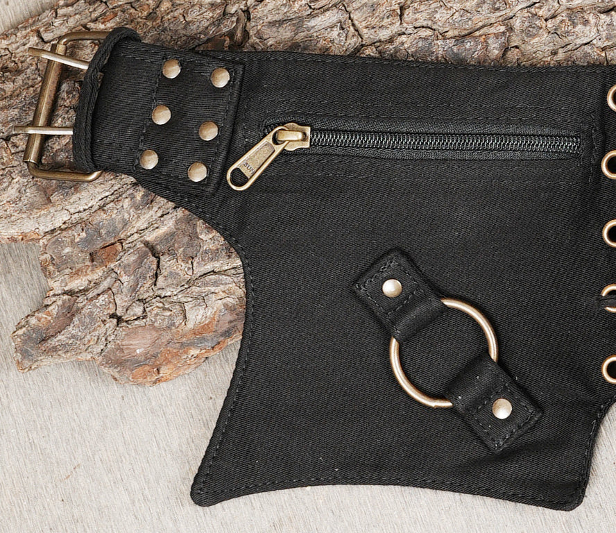Unisex black cotton hip bag with lace-up detail and hardware