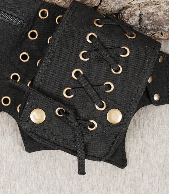 Hands-free black bum bag featuring laced pouches and studs