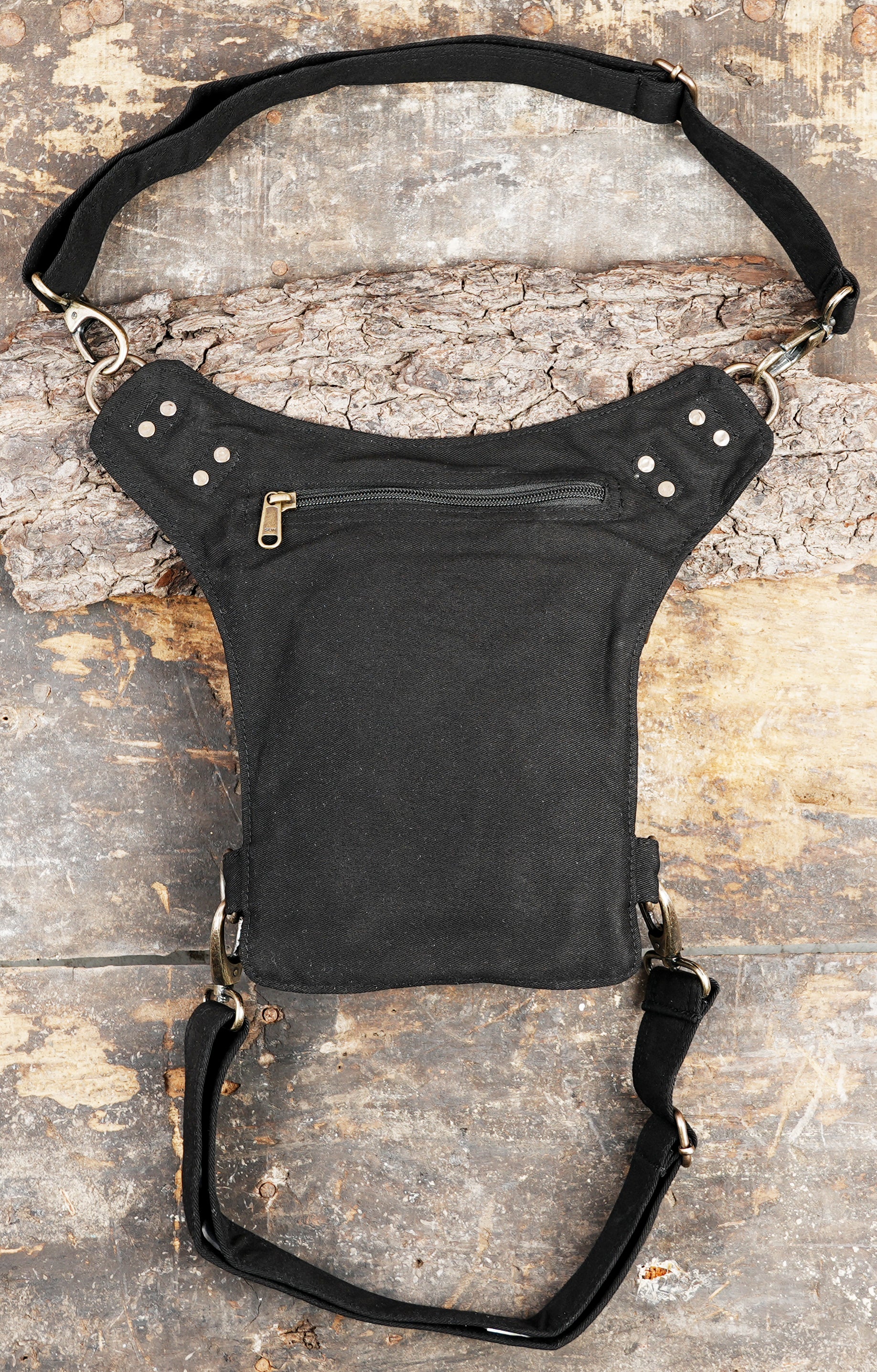 Black canvas belt bag with industrial D-ring design