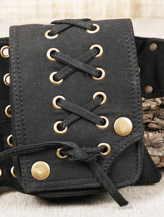 Travel bum bag in black fabric with secure zip and lace accents