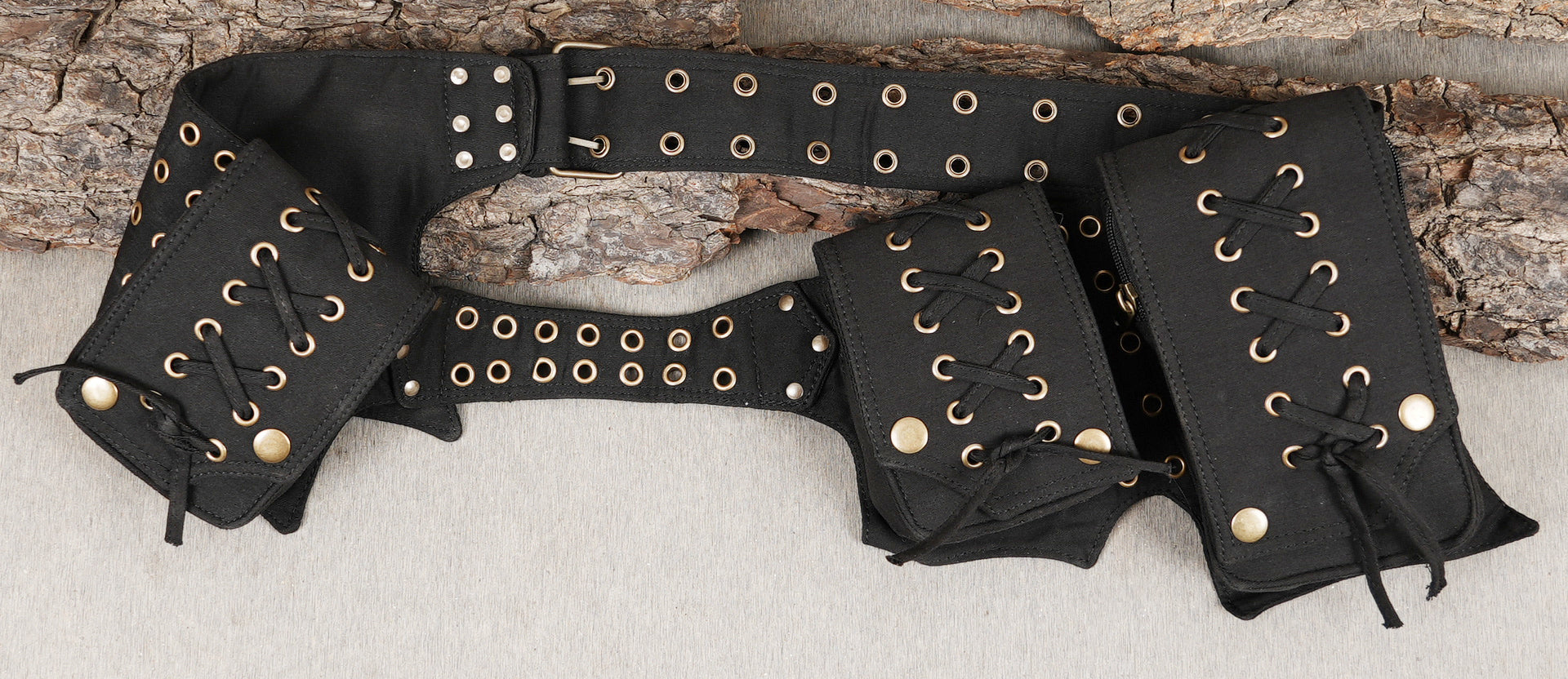 Black steampunk utility belt bag with laced pockets for events