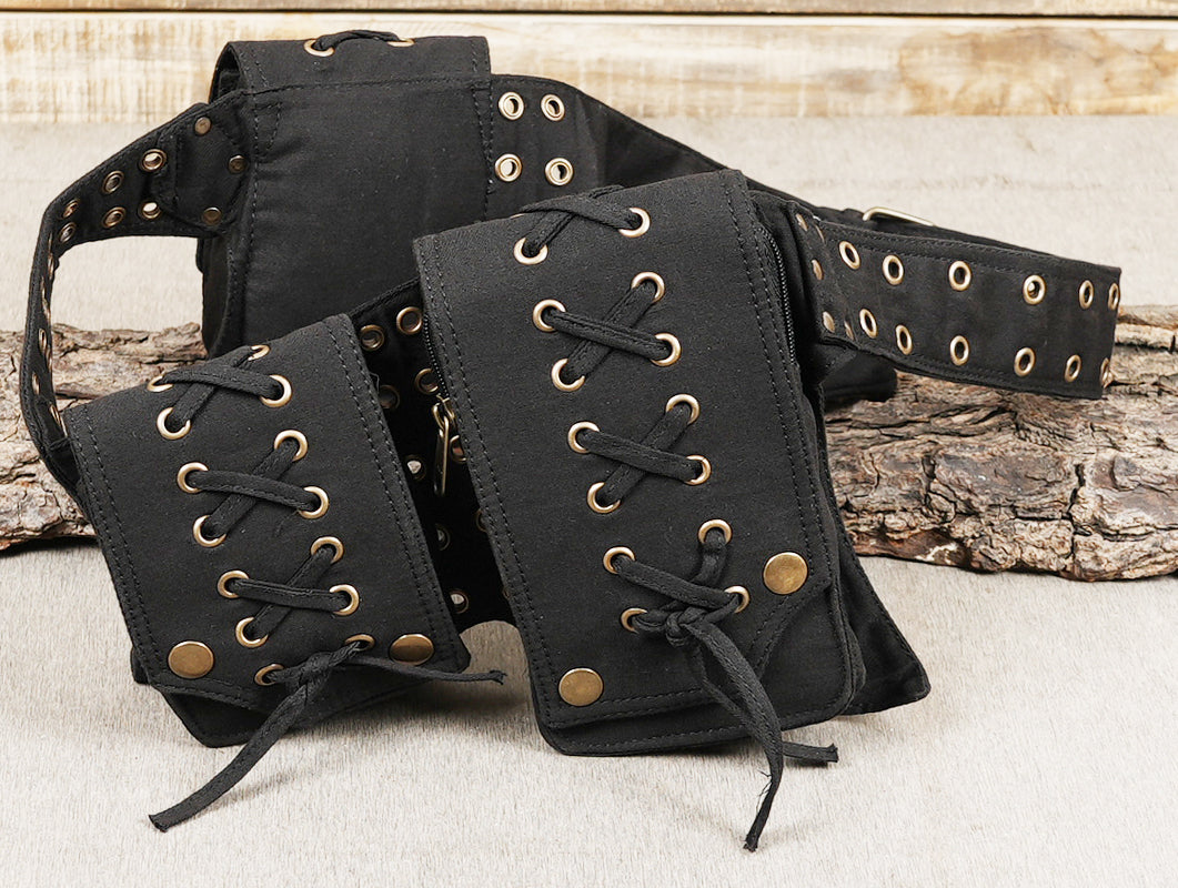 Laced canvas fanny pack with multiple utility compartments and D-ring