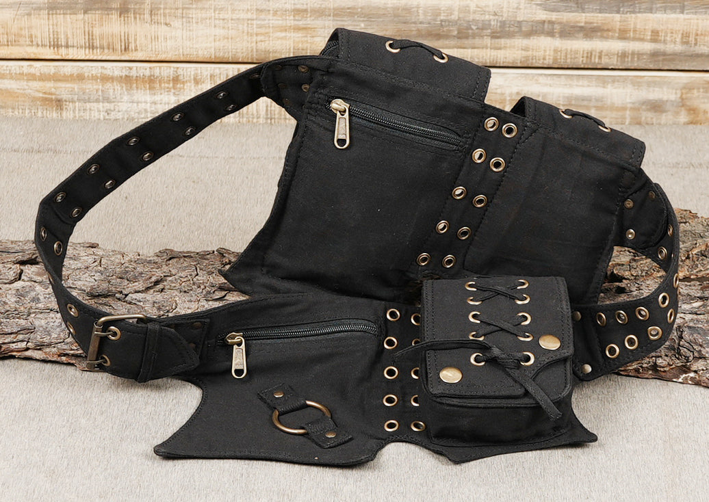 Multi-compartment black cotton utility pouch with lace-up design