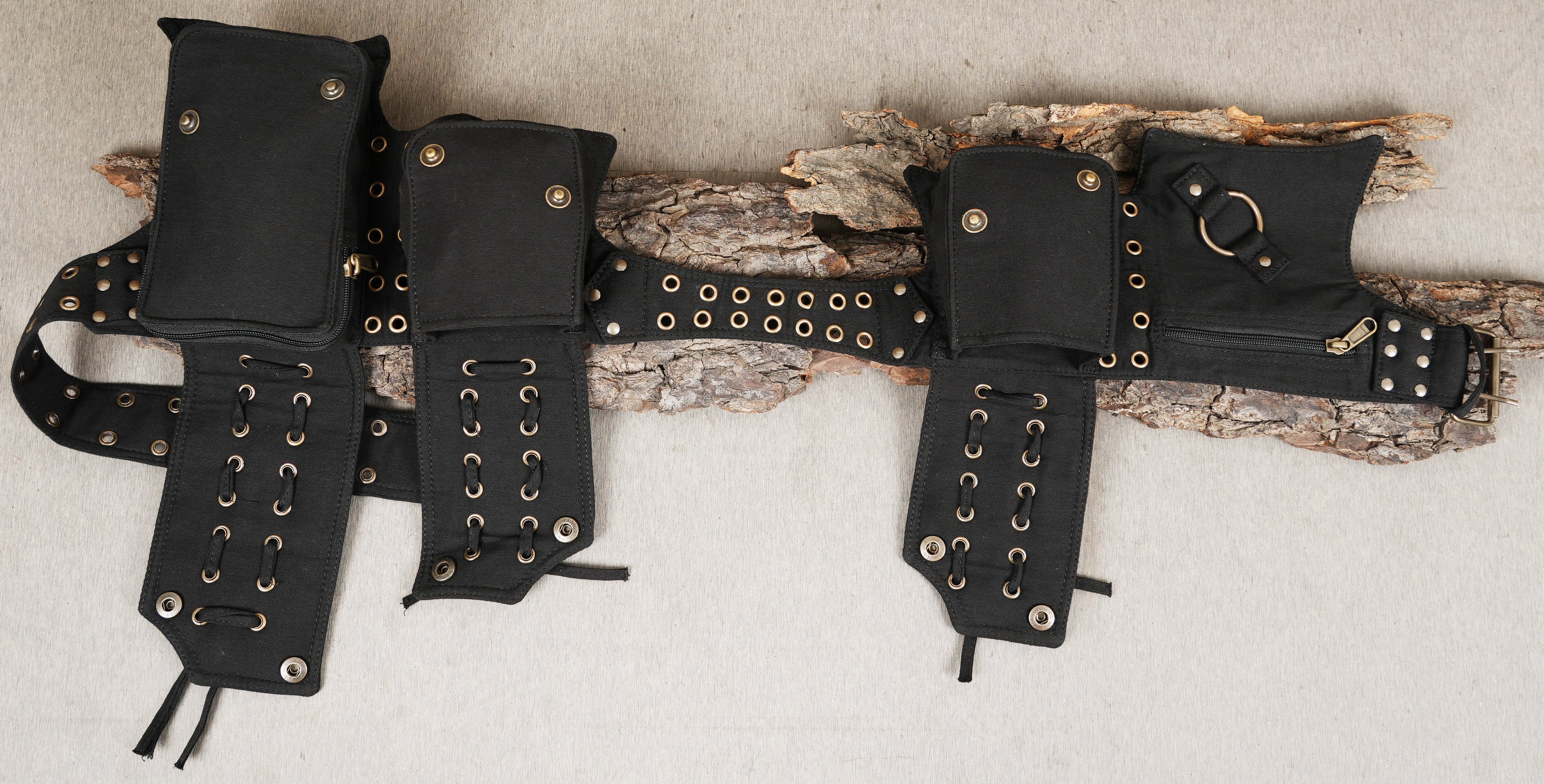 Casual black cotton waist bag with metallic studs and laces