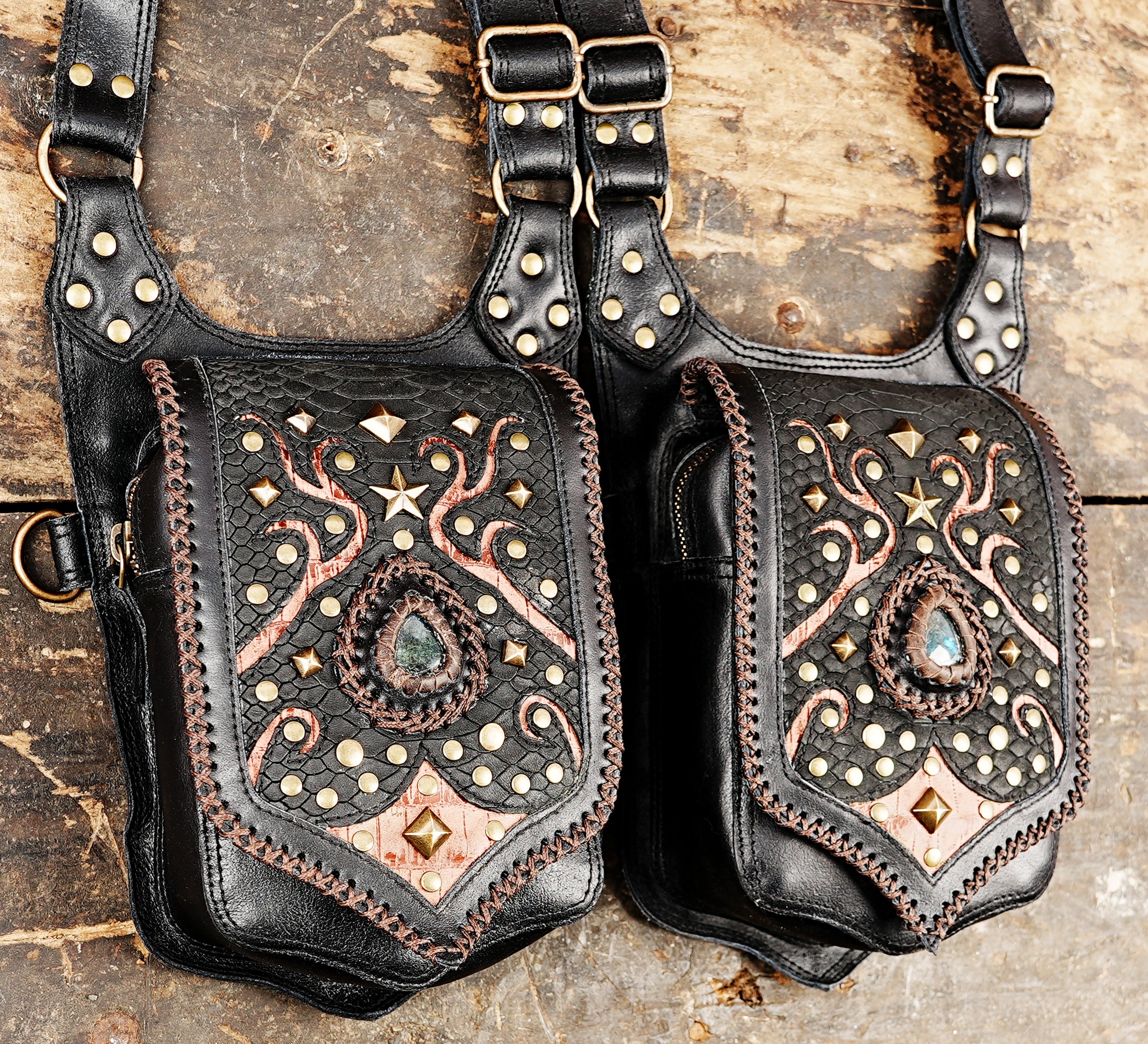 “Boho tribal leather holster with copper accents and gemstone centerpiece”