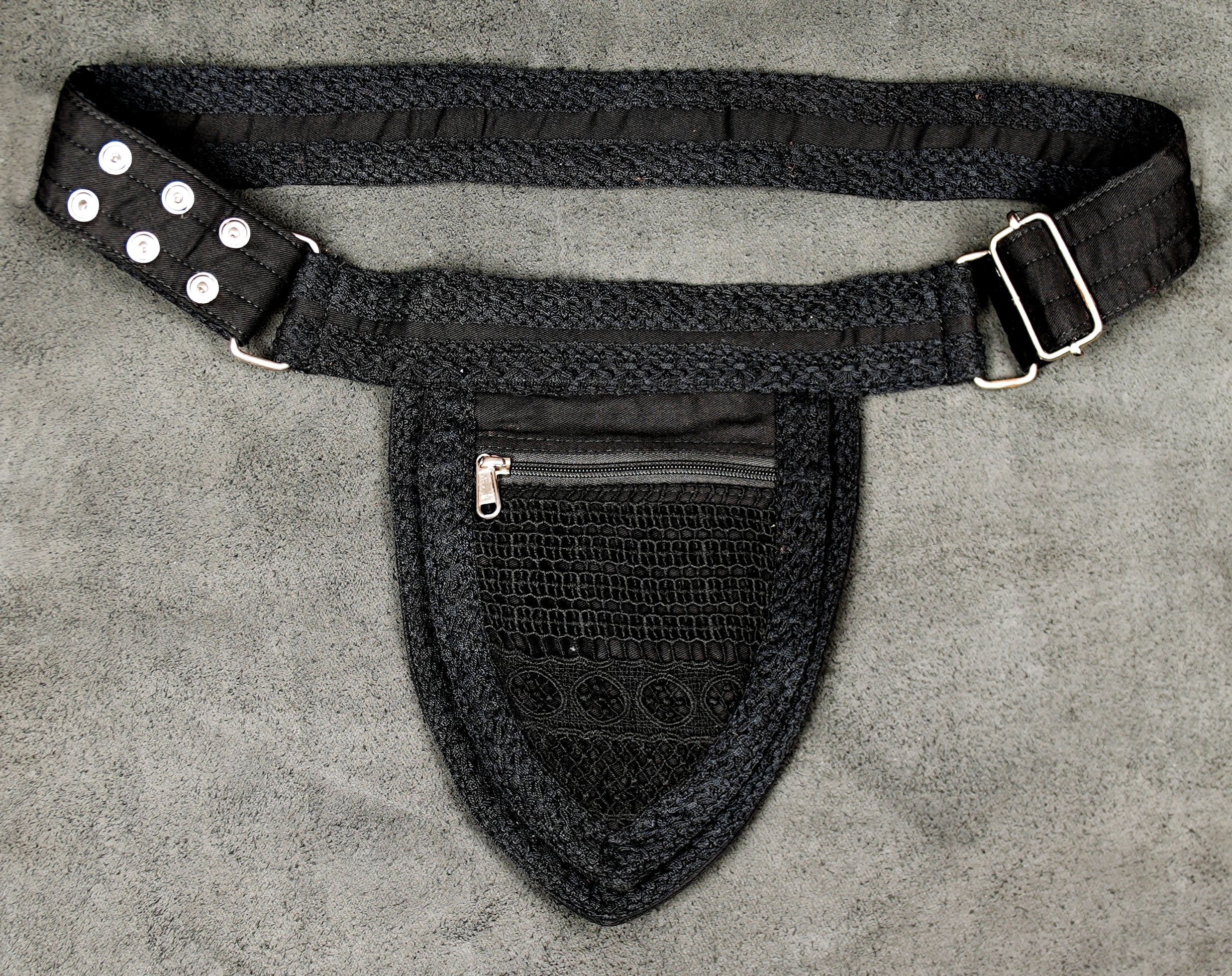 Tribal style black canvas waist bag with pointed zippered pouch