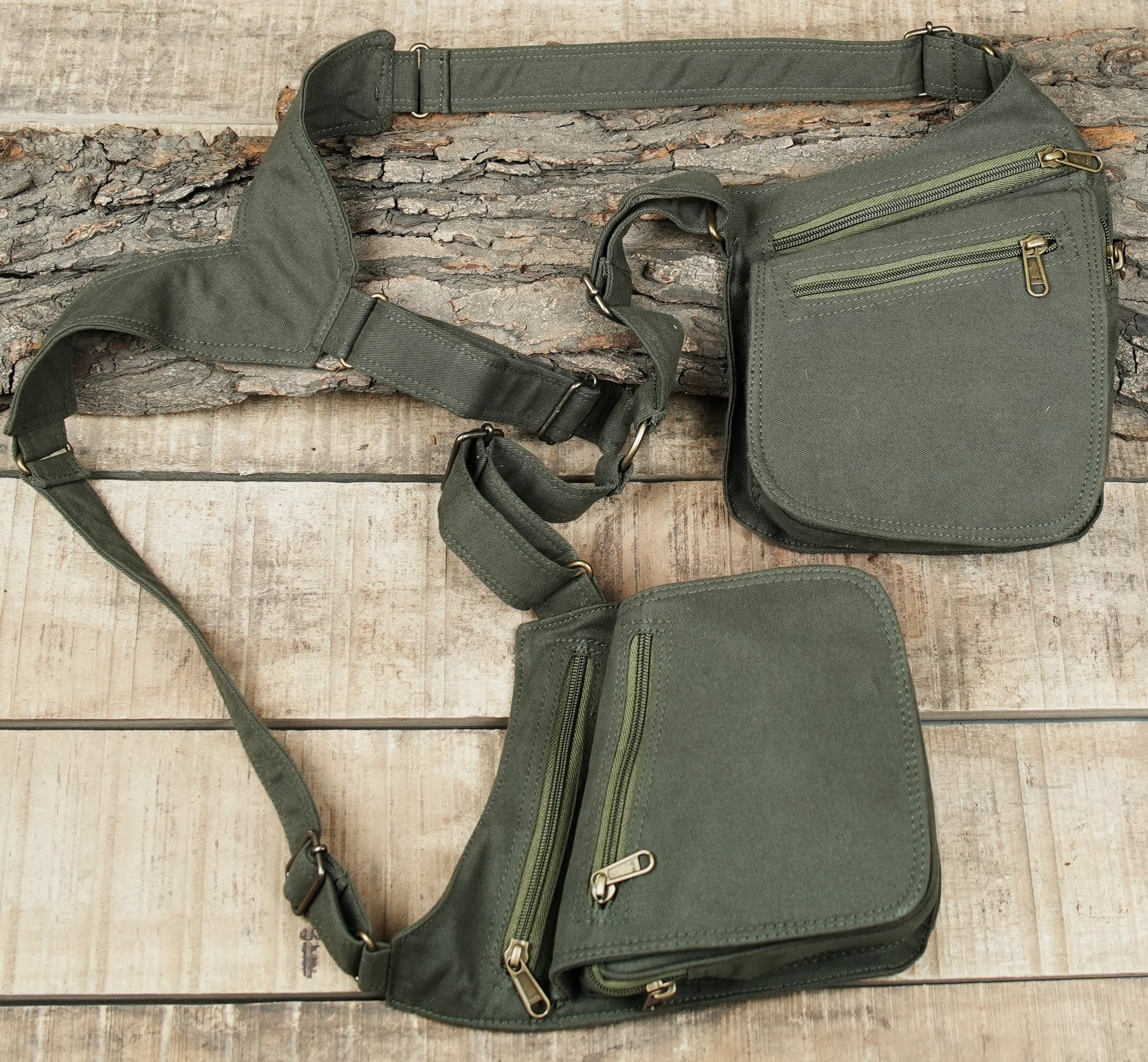 Unisex olive canvas shoulder holster bag featuring dual multi-zippered utility pouches