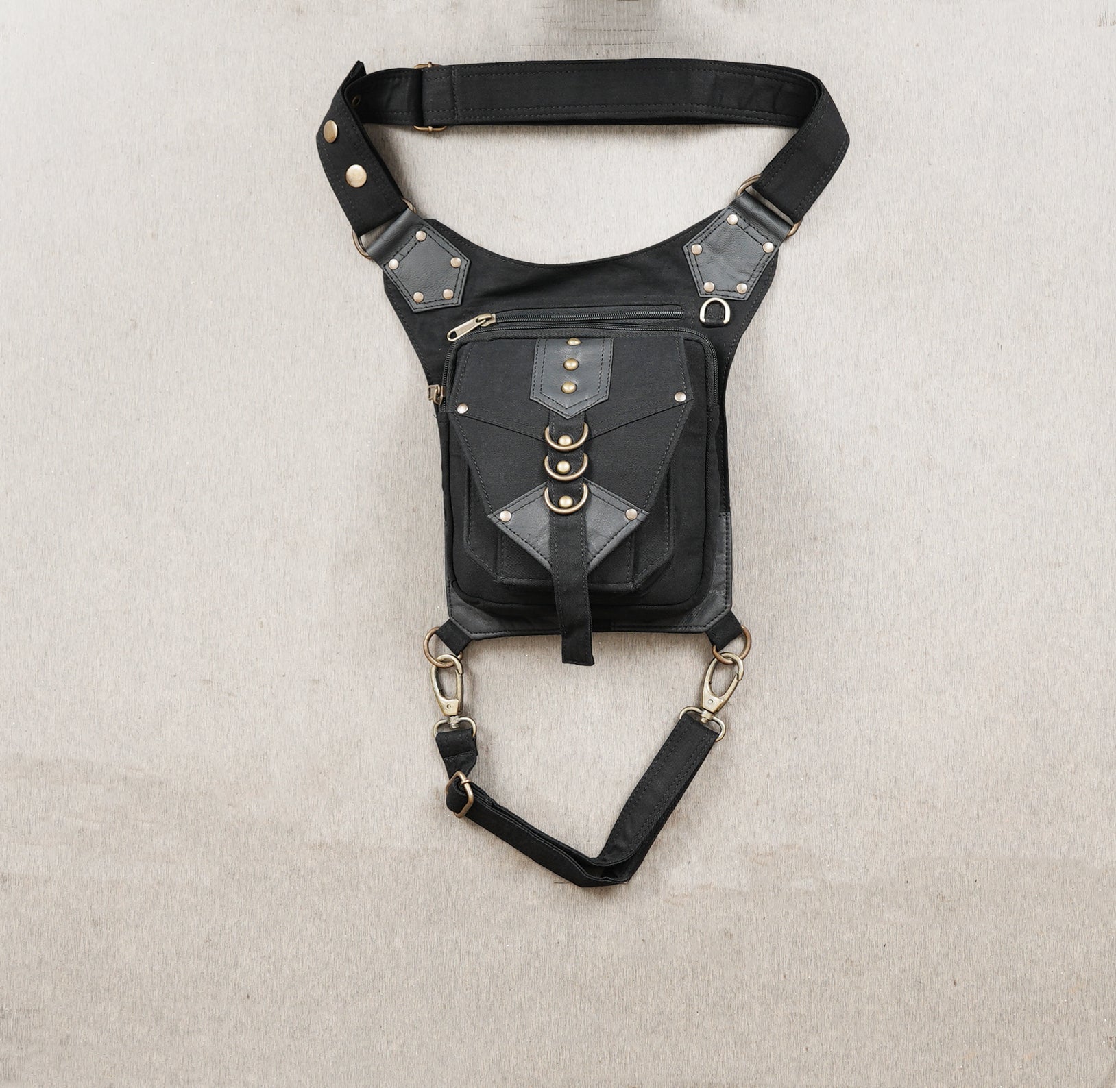 Black Cotton Gothic Thigh Bag Adjustable Utility Pouch