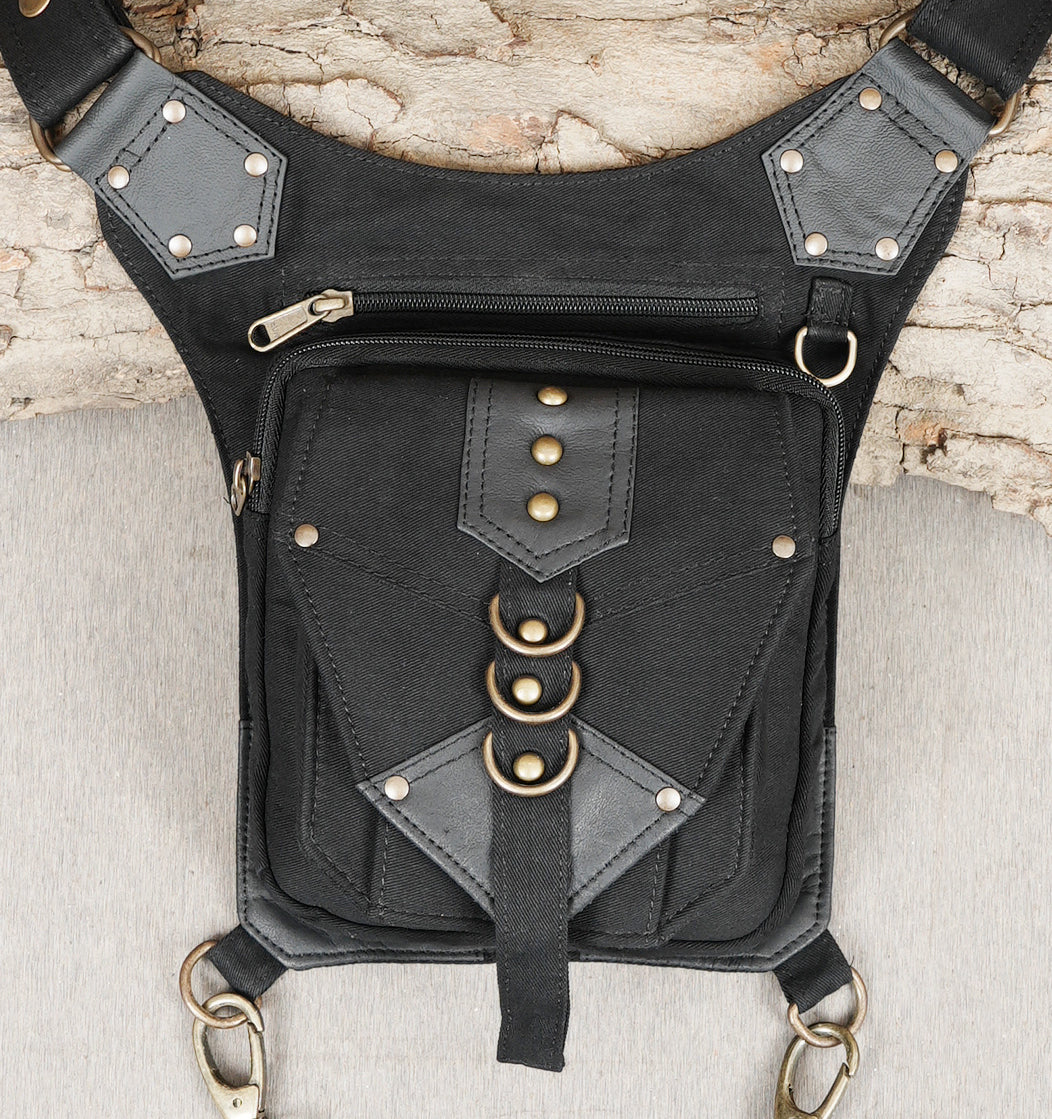 Black Cotton Gothic Thigh Bag Adjustable Utility Pouch