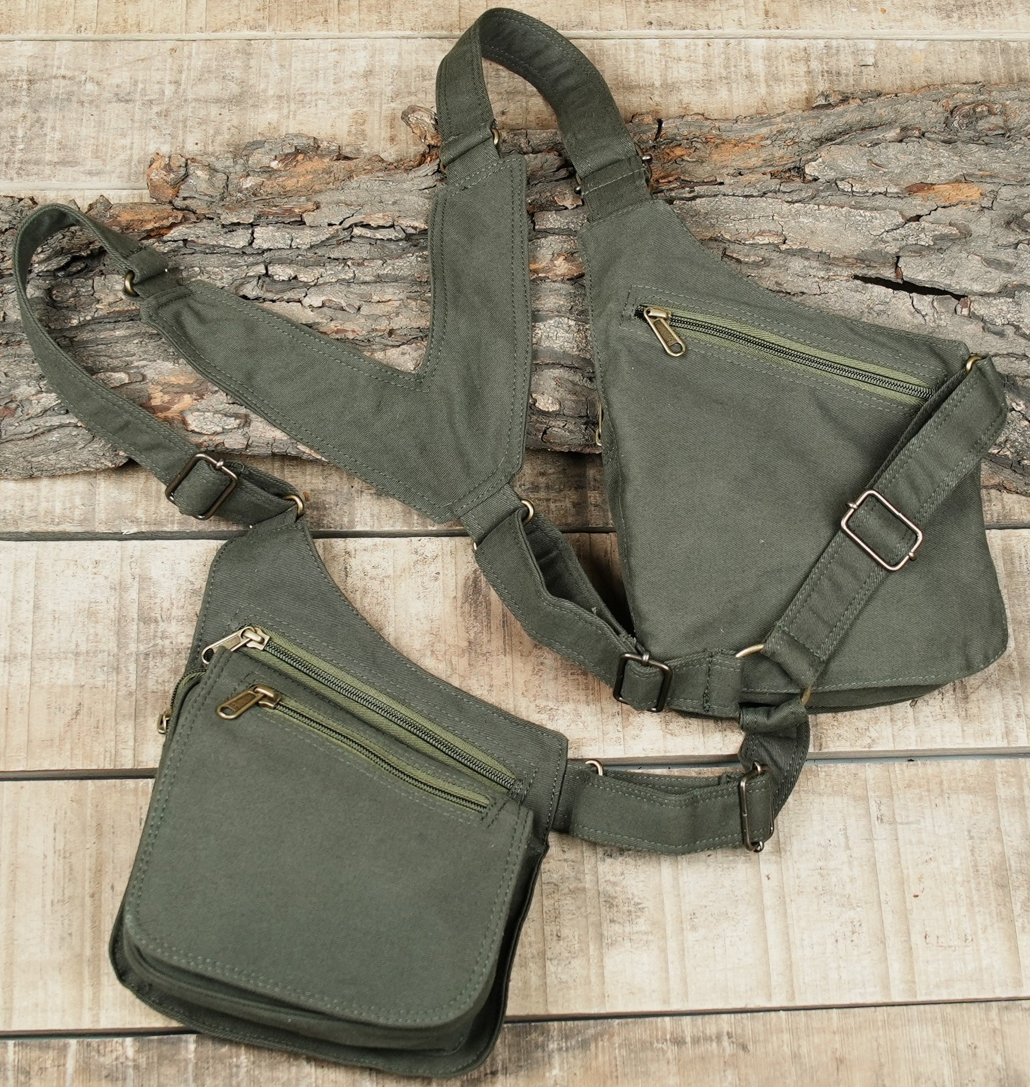 Rugged olive canvas chest harness showcasing double pockets and adjustable straps